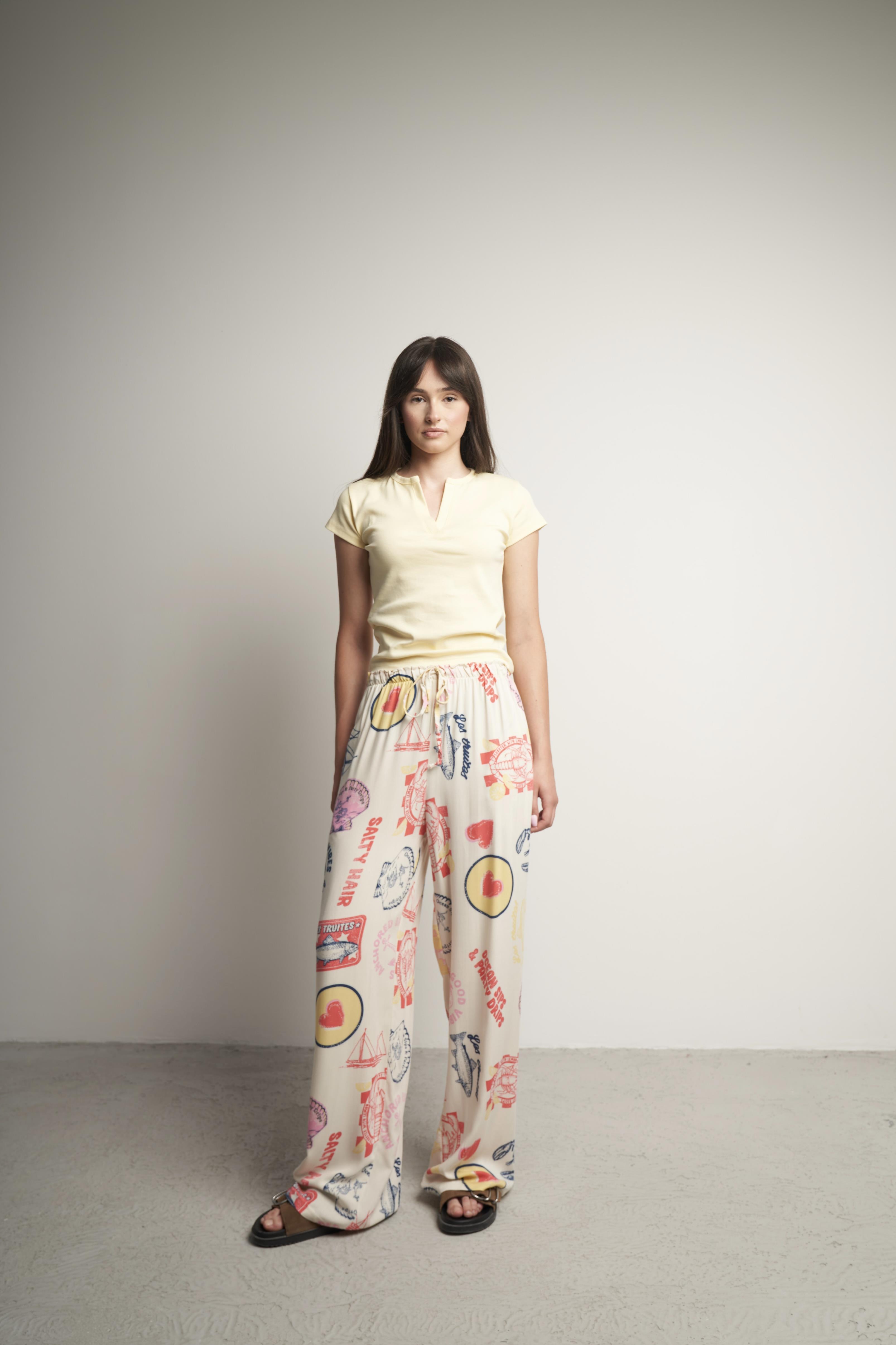 Bel Lastik Summer Desen Bol Paça Pantolon Bej-Kırmızı