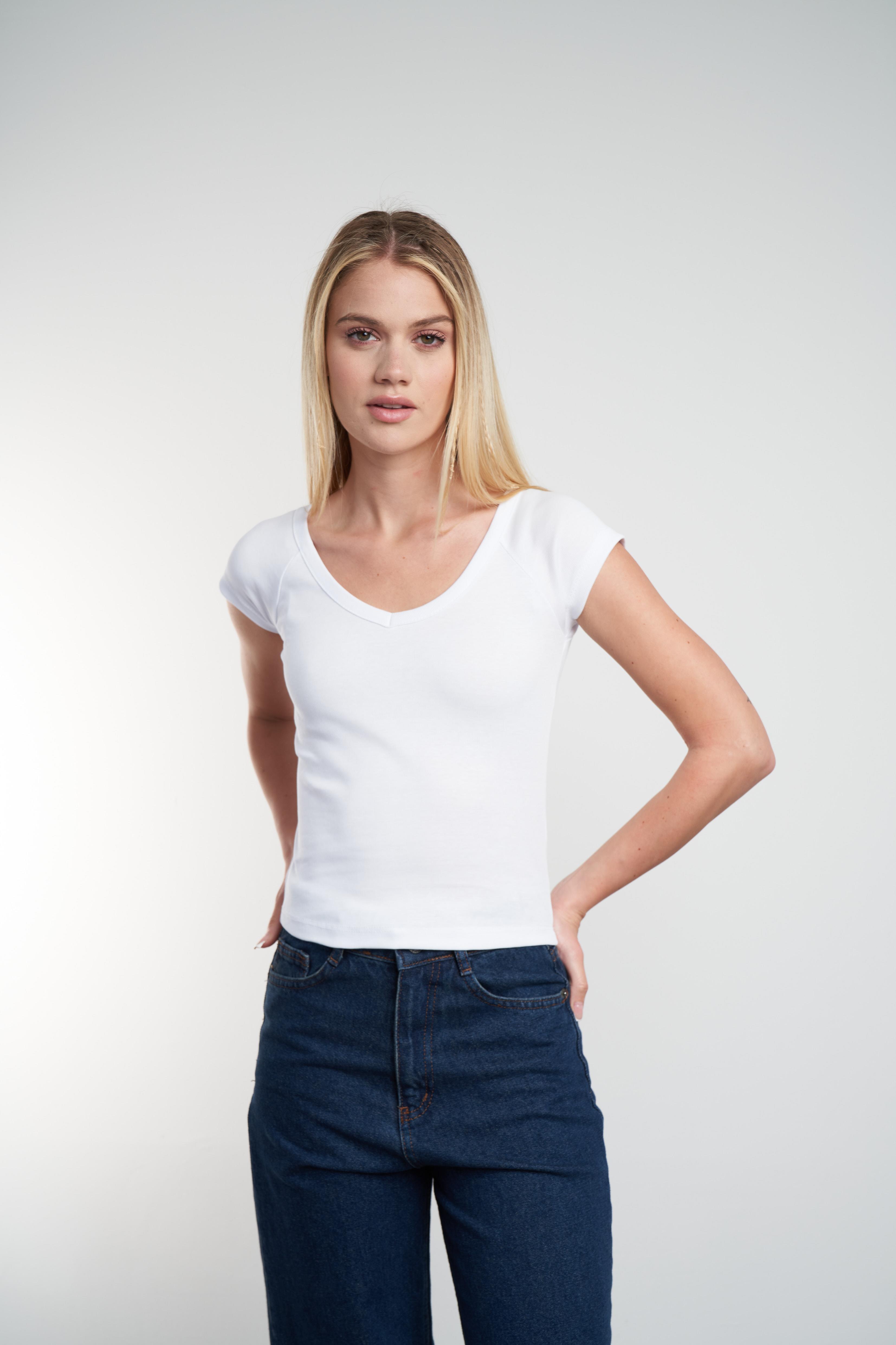 Bisiklet Yaka Basic Crop Bluz Beyaz
