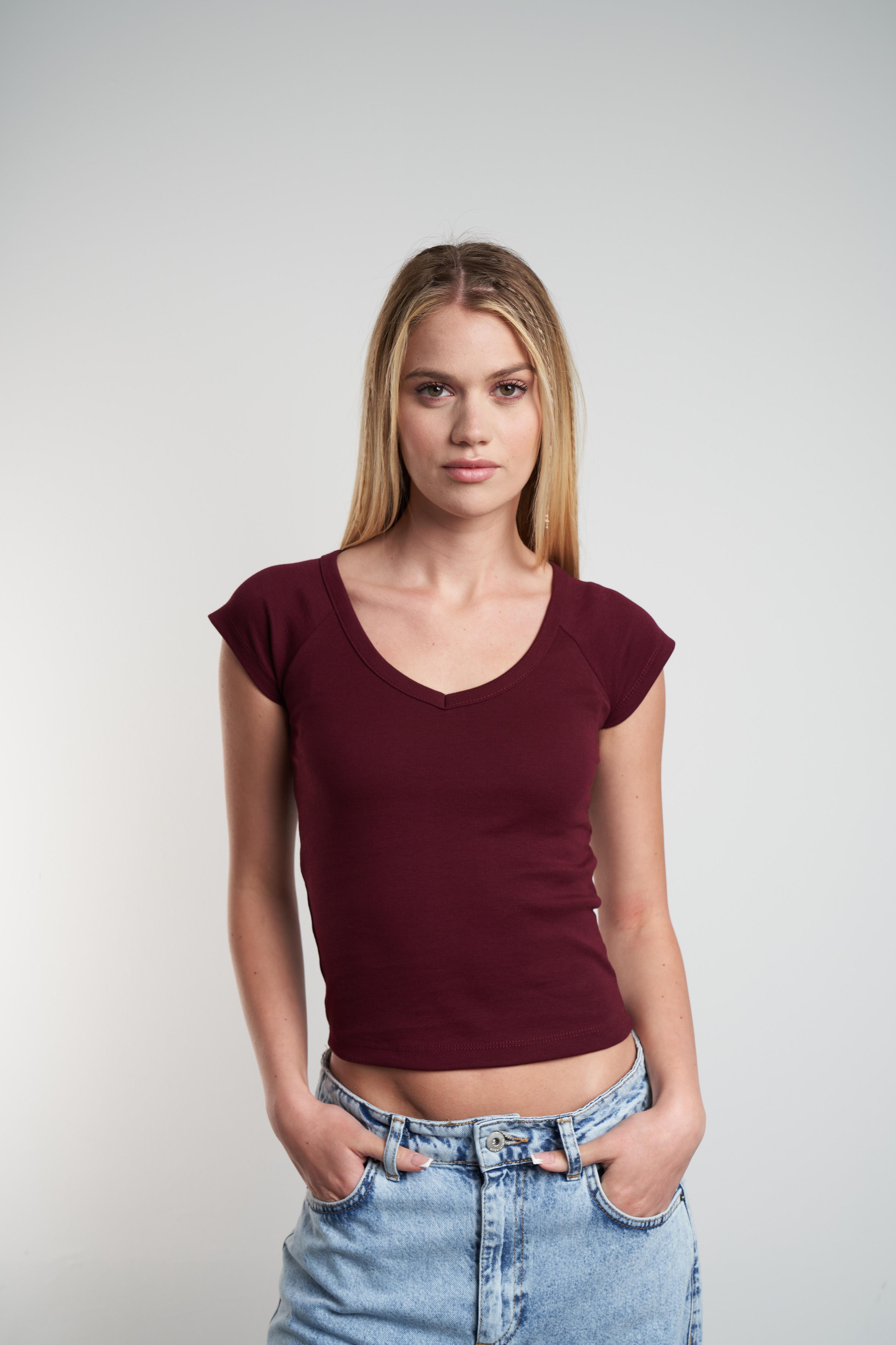 Bisiklet Yaka Basic Crop Bluz Bordo