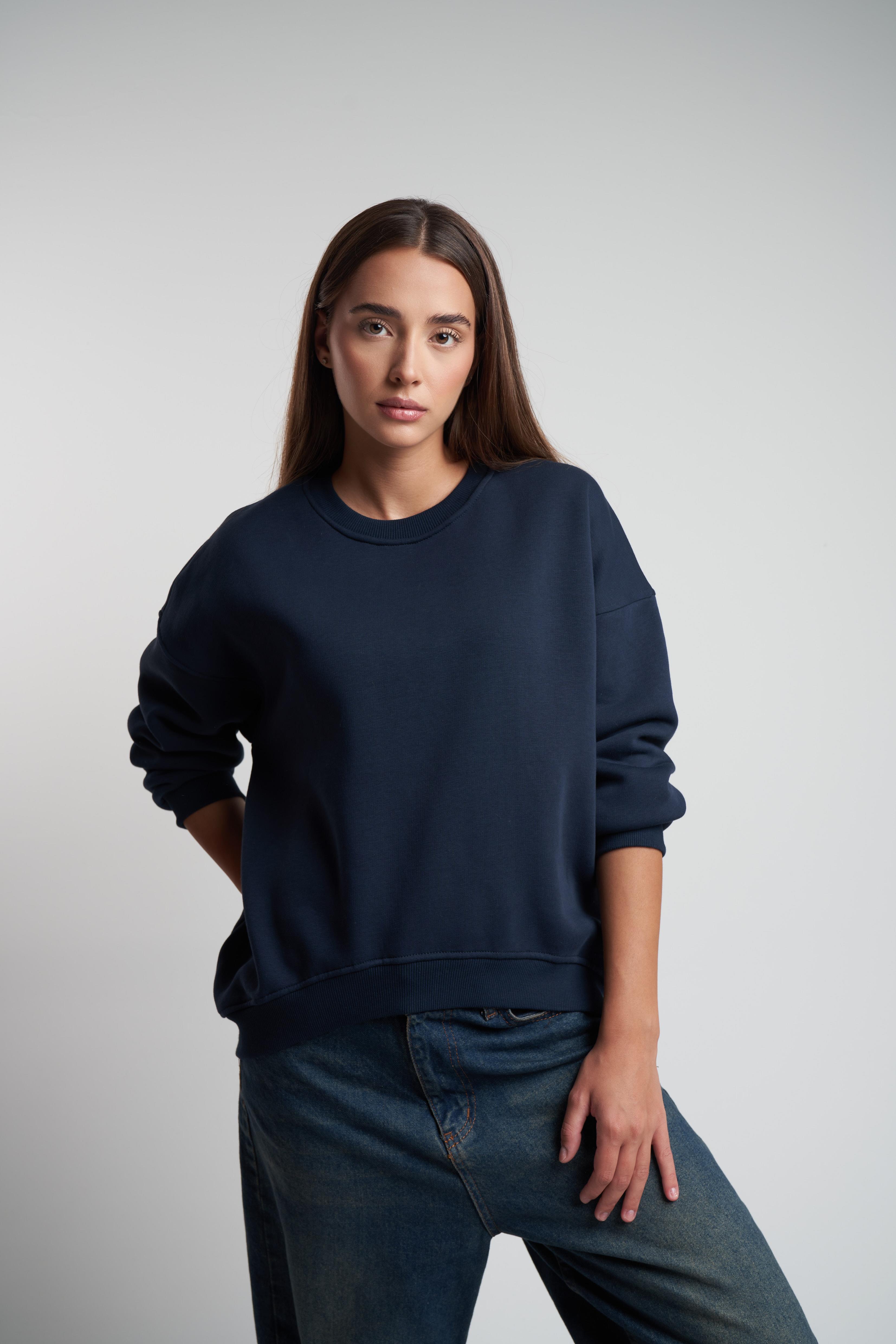 Bisiklet Yaka Basic Şardonlu Sweatshirt Lacivert