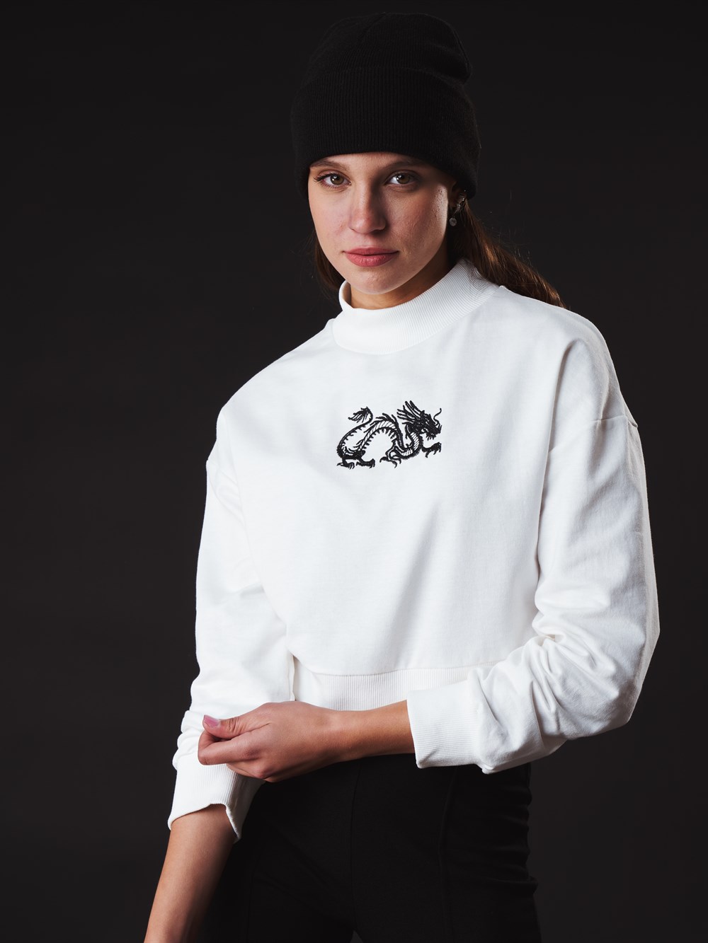 Bisiklet Yaka Dragon Baskılı Kısa Sweatshirt