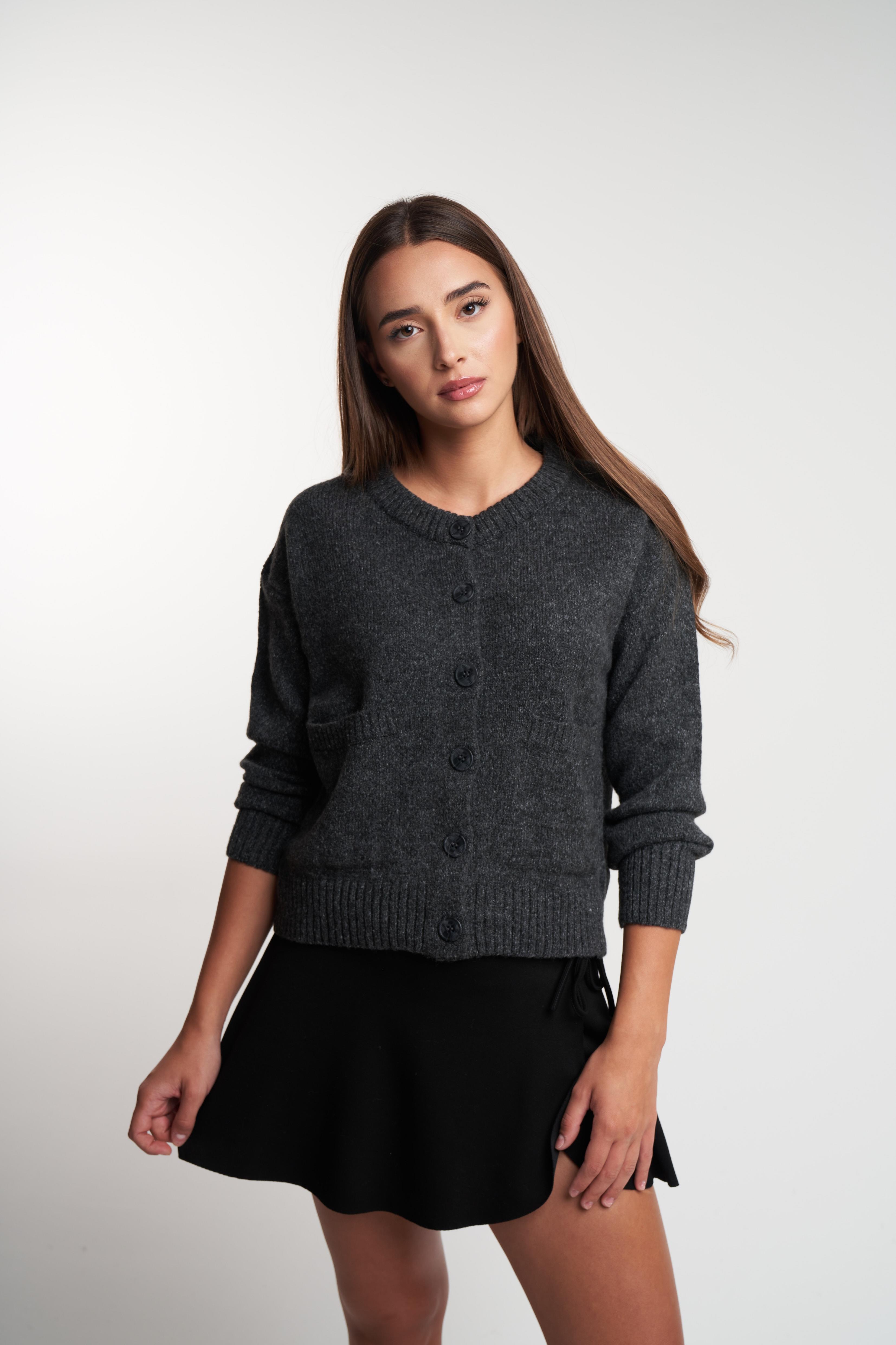 Bisiklet Yaka Düğmeli Kısa Hırka Antrasit