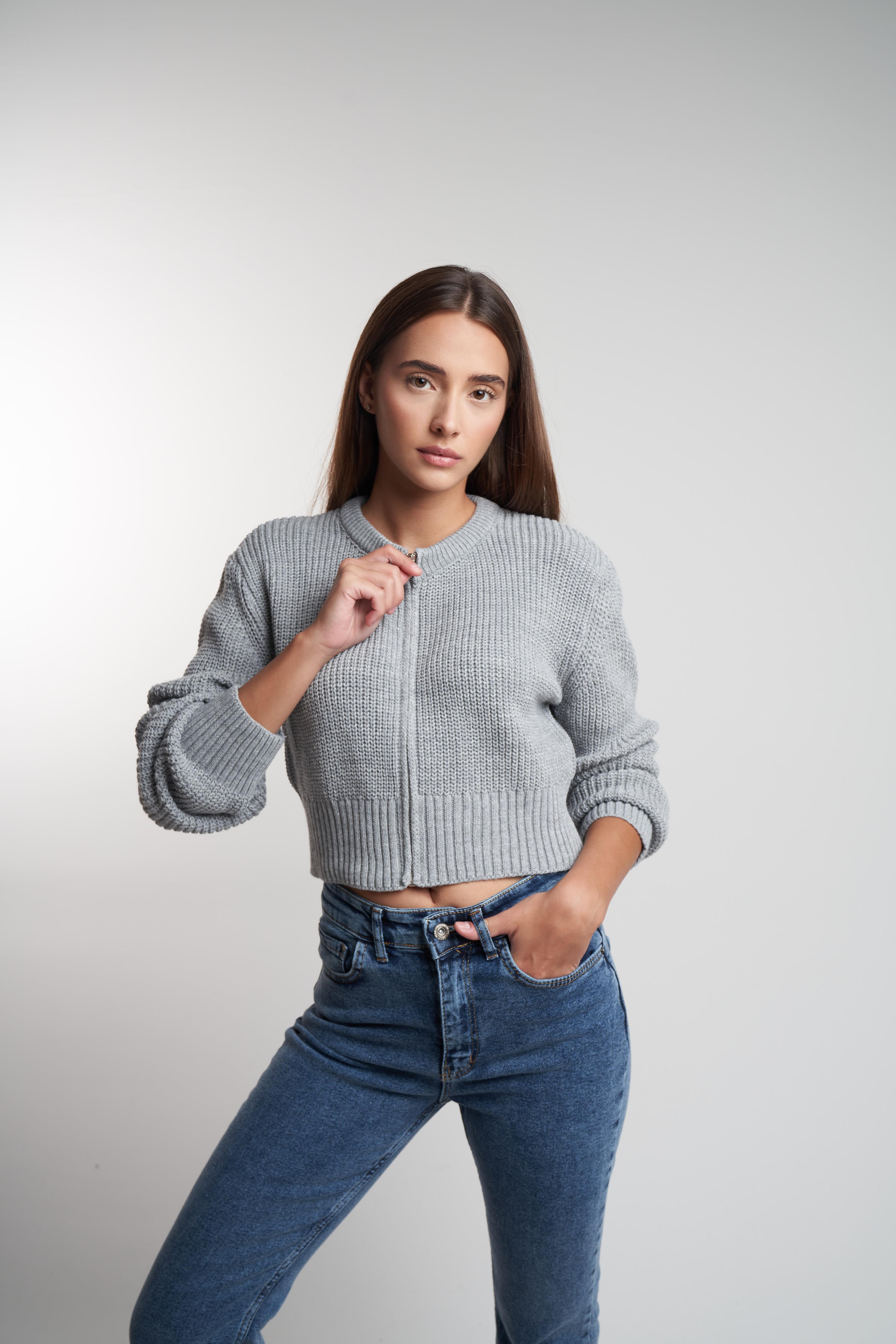 Bisiklet Yaka Fermaurlı Kısa Hırka Grimelanj