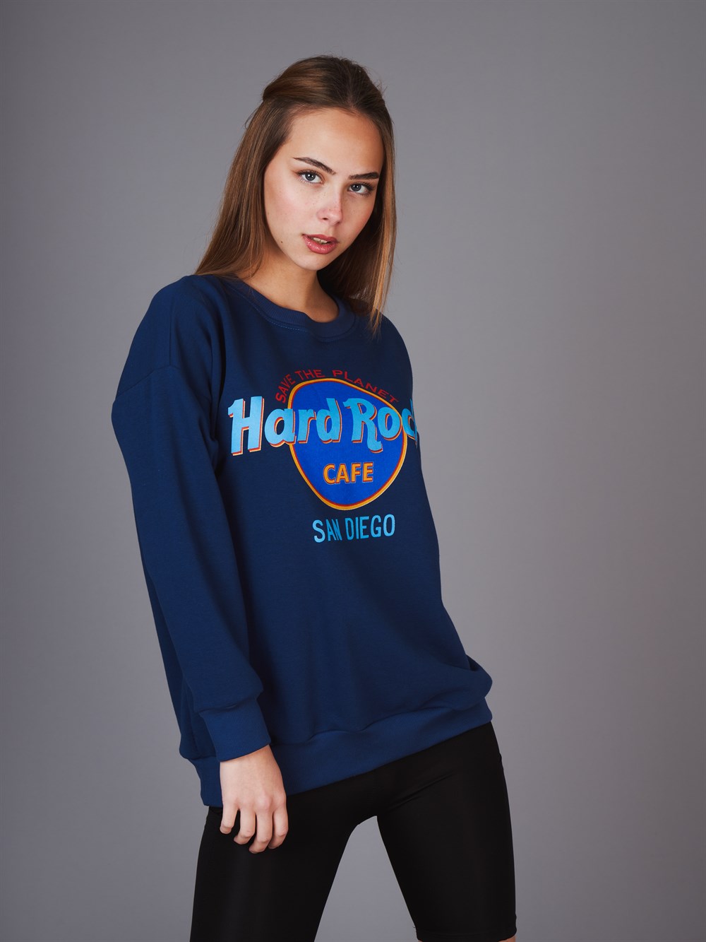 Bisiklet Yaka Hard Rock Yazı Baskılı Sweatshirt