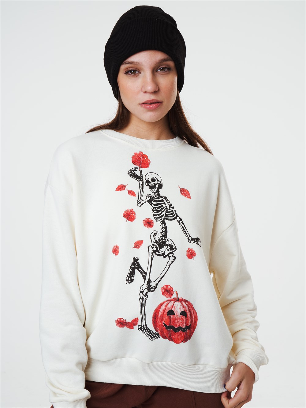 Bisiklet Yaka Iskelet Baskılı Sweatshirt