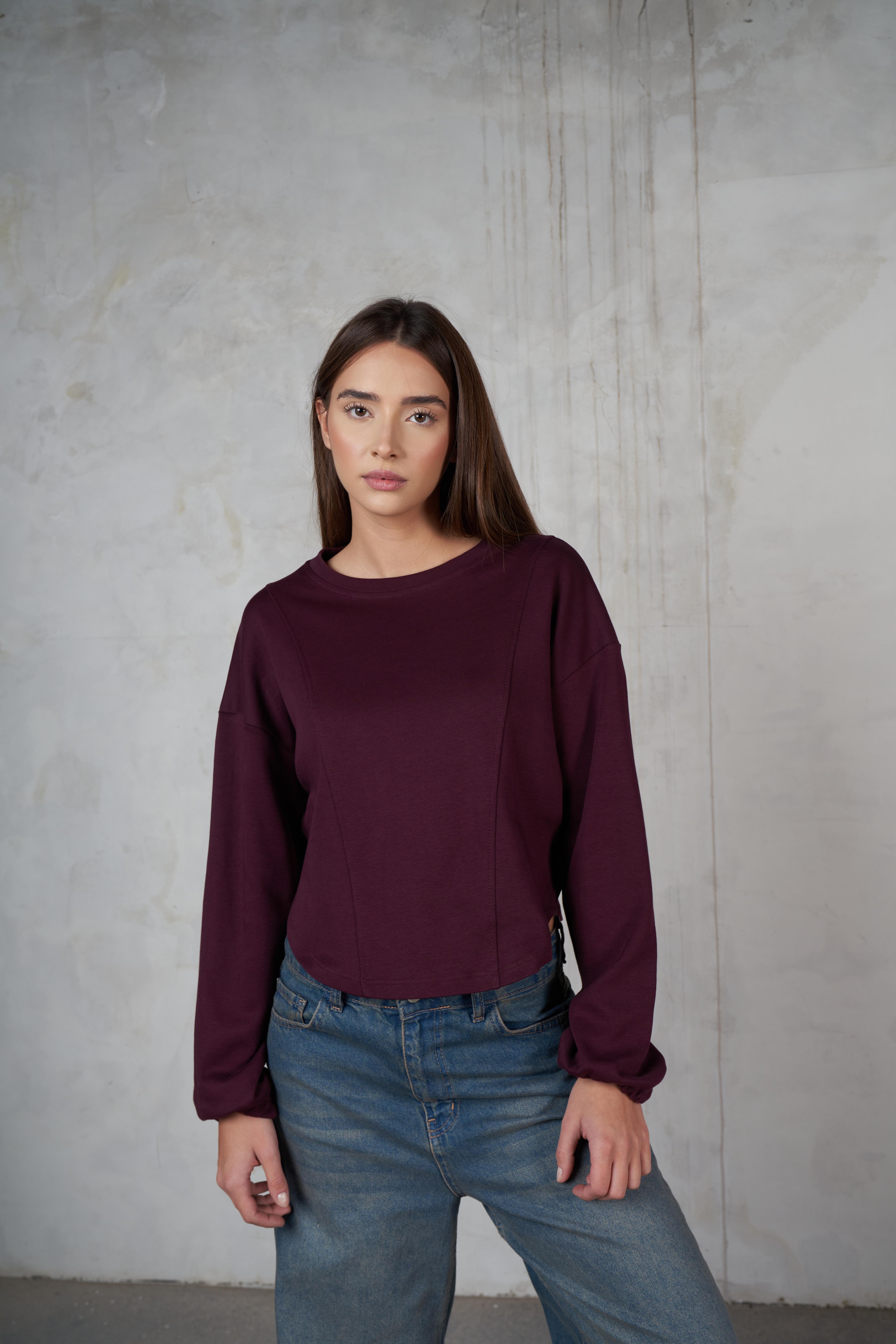 Bisiklet Yaka Uzun Kol Sweatshirt Mürdüm