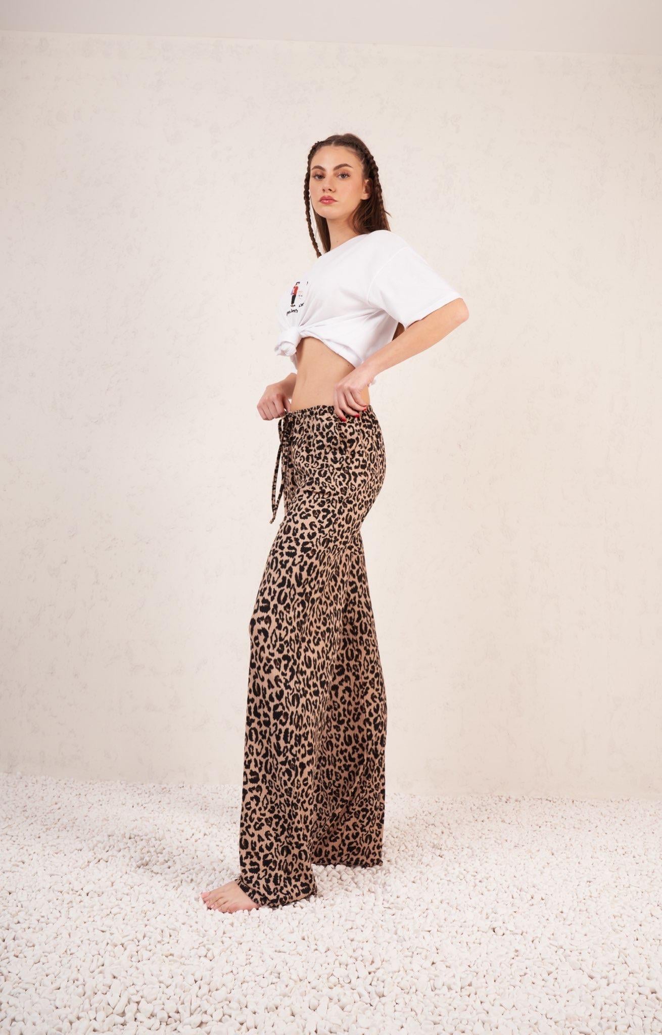 Bol Paça İp Bağlamalı Pantolon Leopar