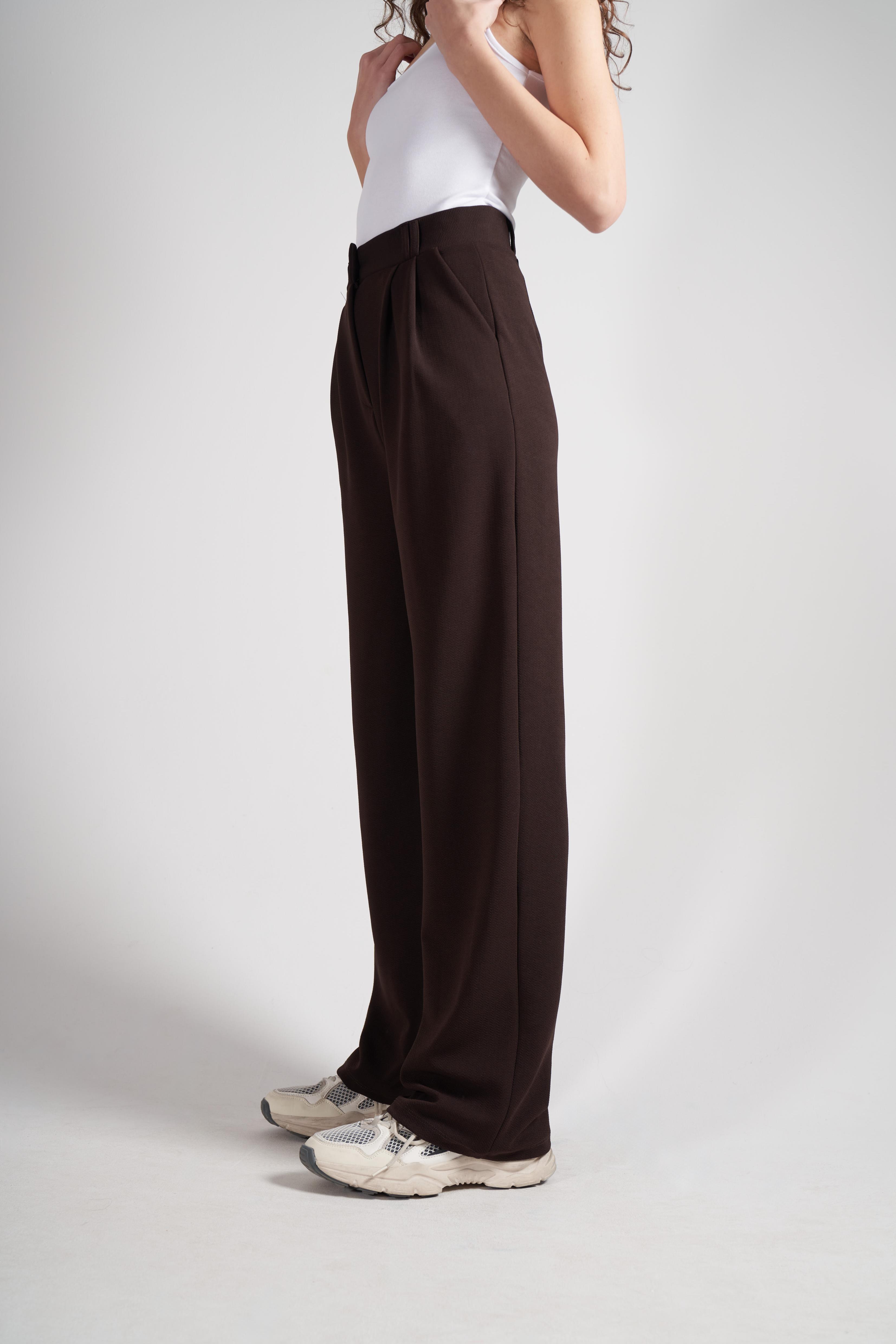 Bol Paça Krep Kumaş Pantolon Kahve