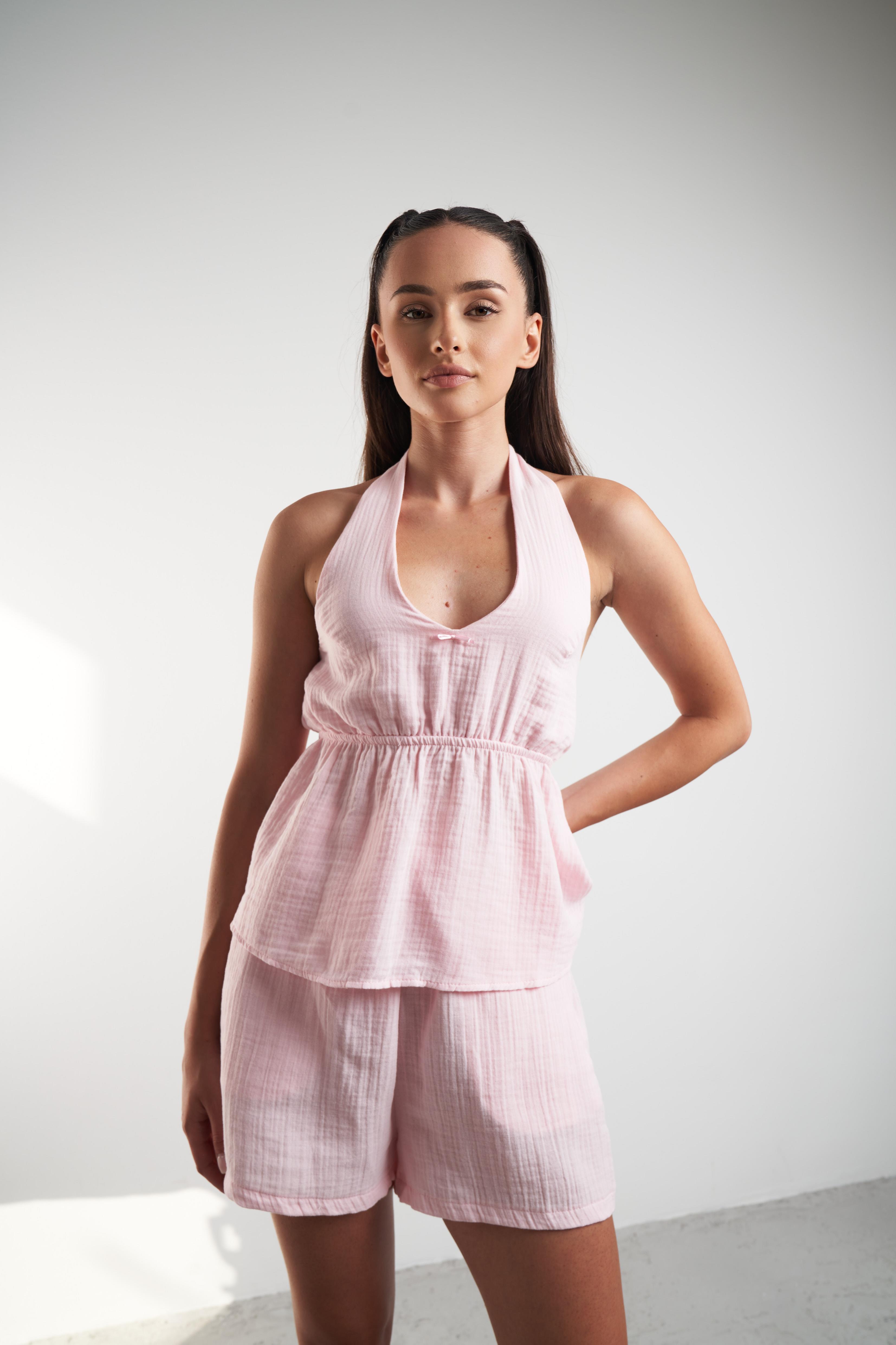 Boyun Askılı Müslin Sıfır Kol Bluz Pembe