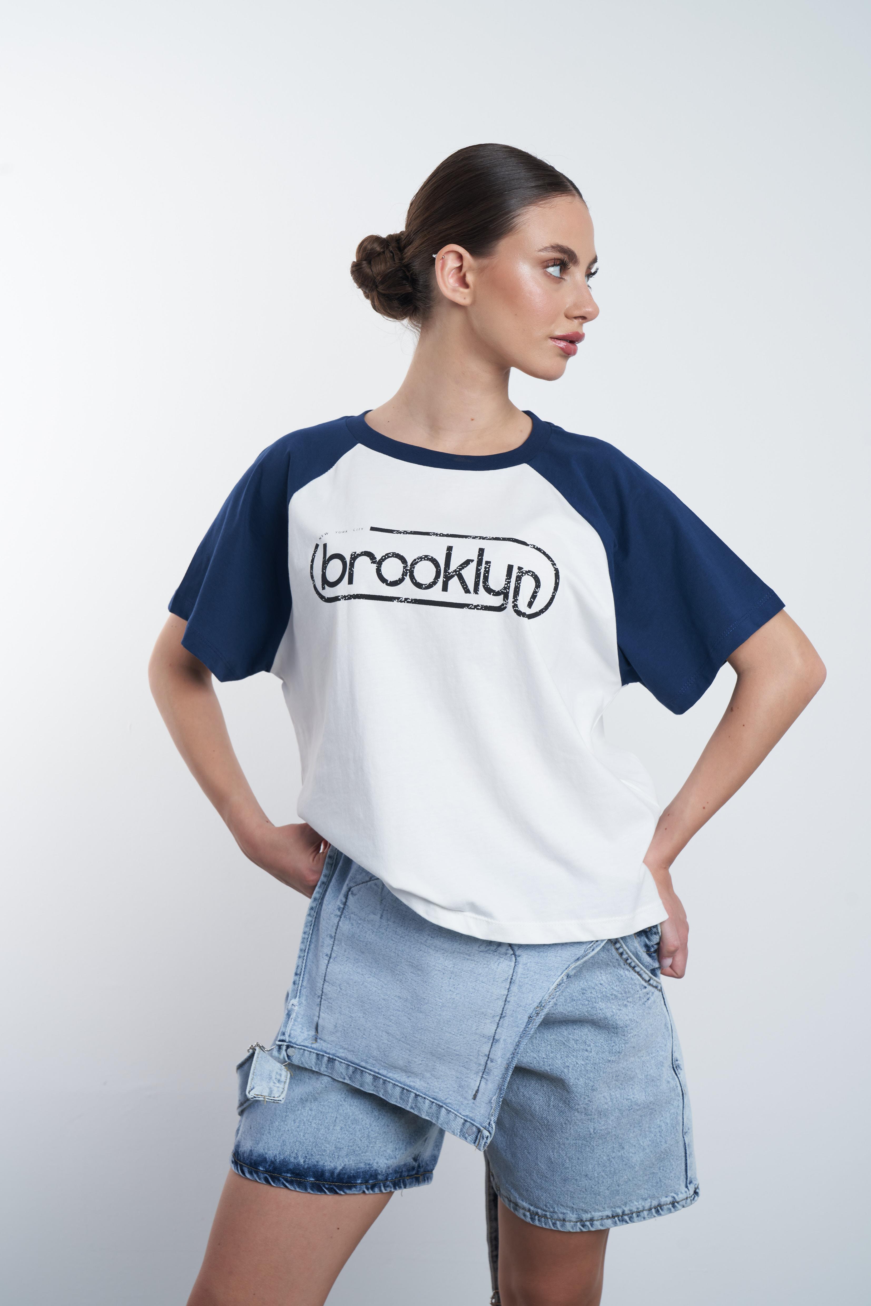Brooklyn Baskılı T-shirt Lacivert-Ekru