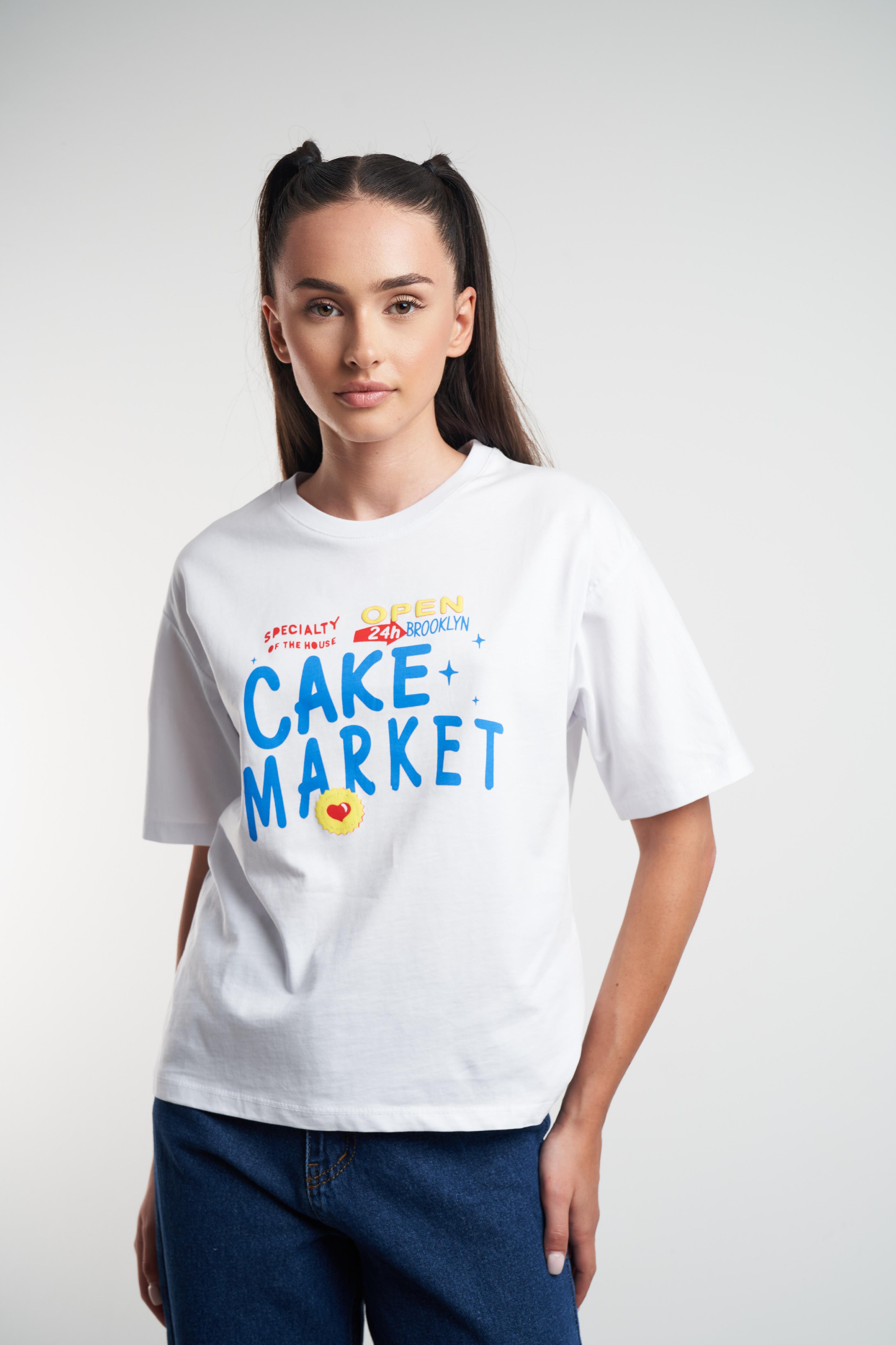 Cake Market Baskılı Kısa Kol T-shirt Beyaz