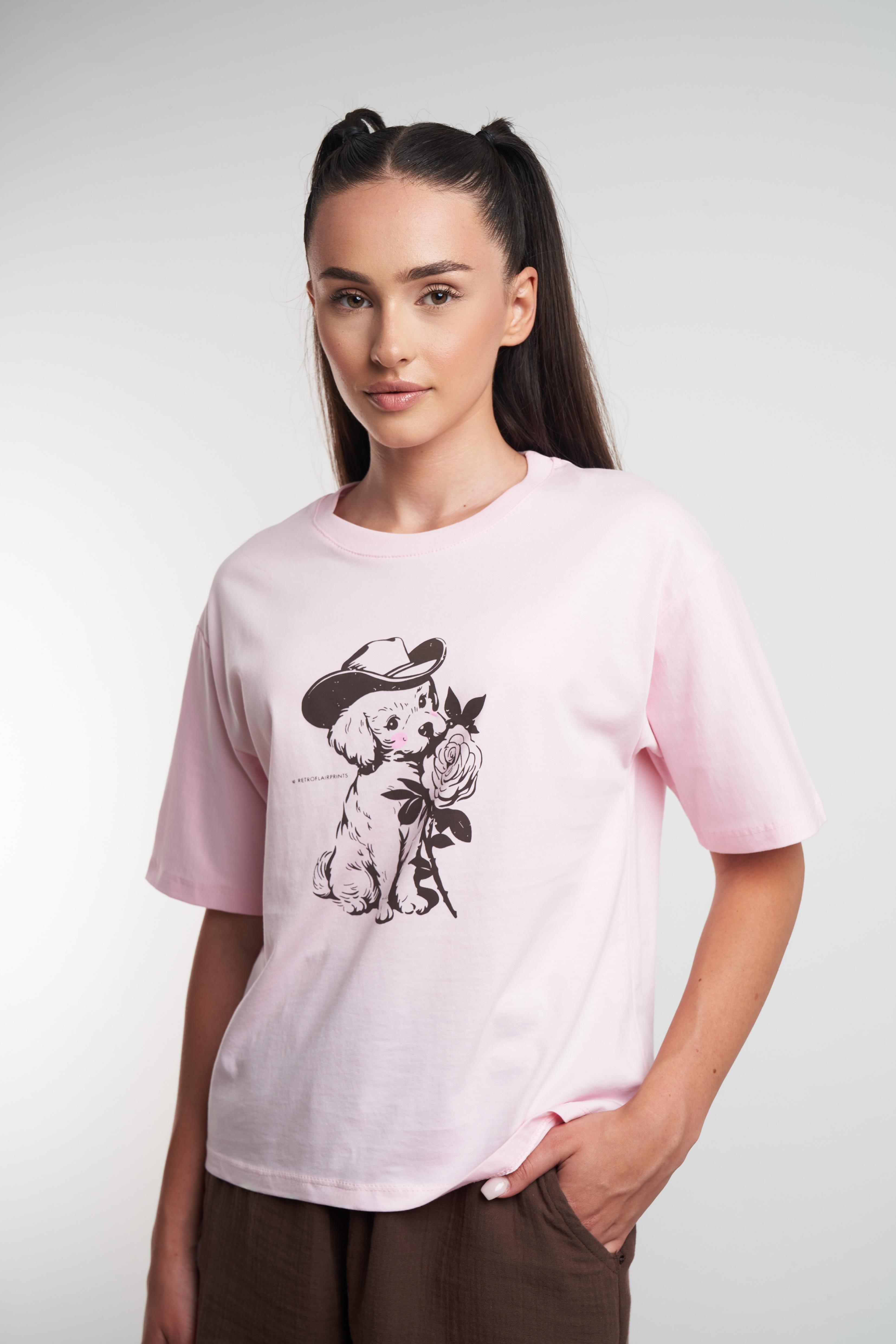 Çiçekli Köpek Baskılı Kısa Kol T-shirt Toz Pembe
