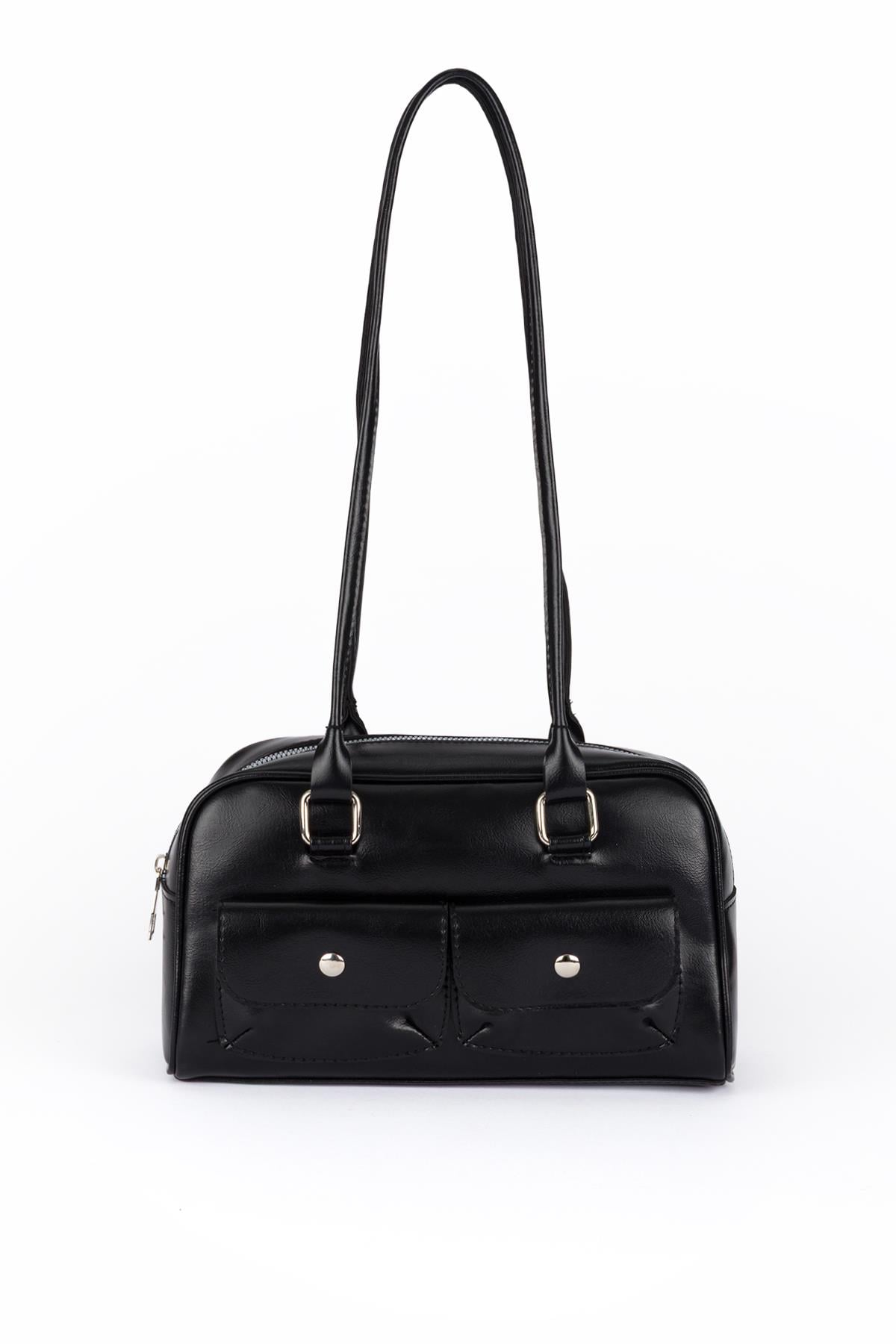 Çift Cepli Retro Baget Çanta Siyah