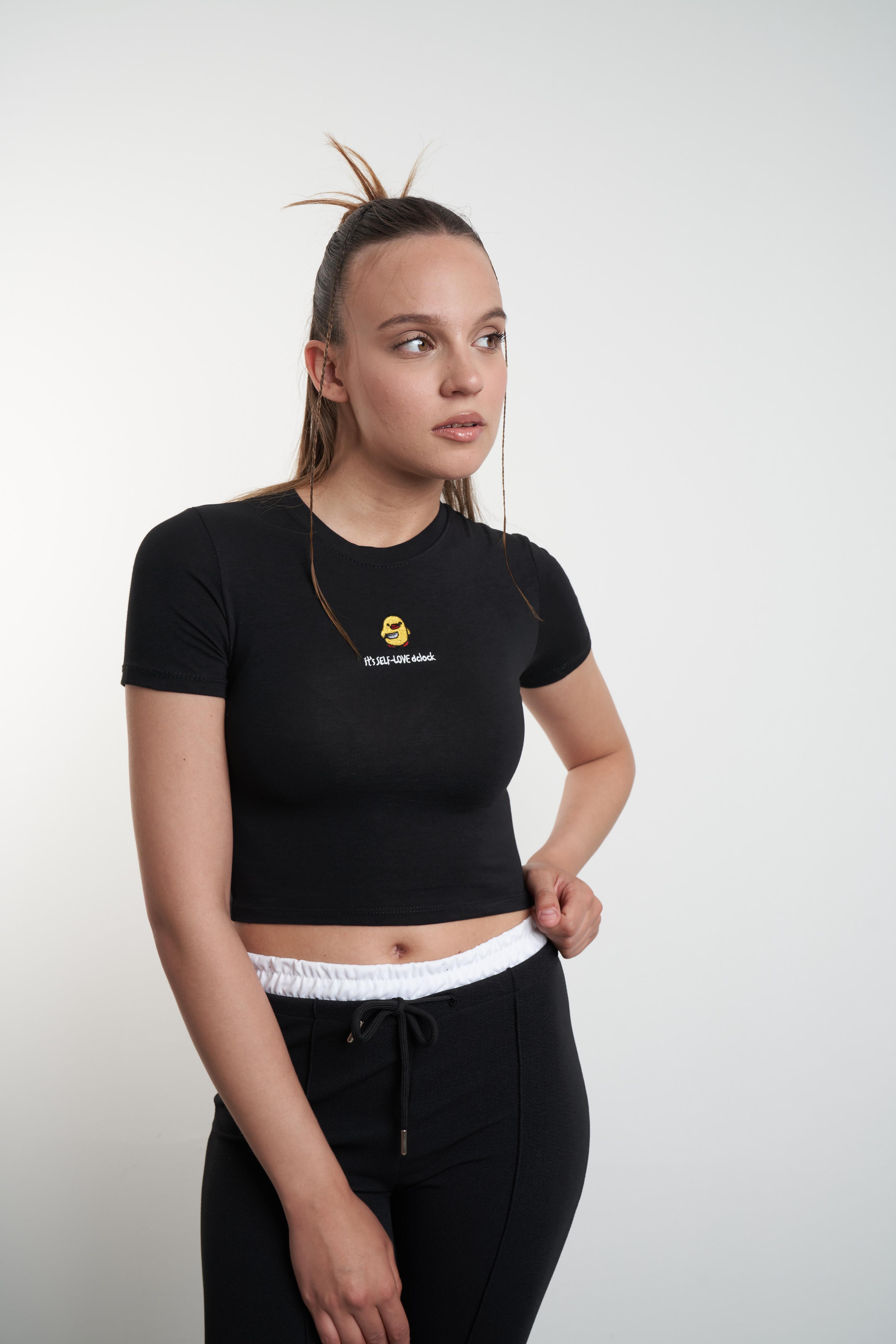 Civciv Nakış Baskılı Kısa T-shirt Siyah