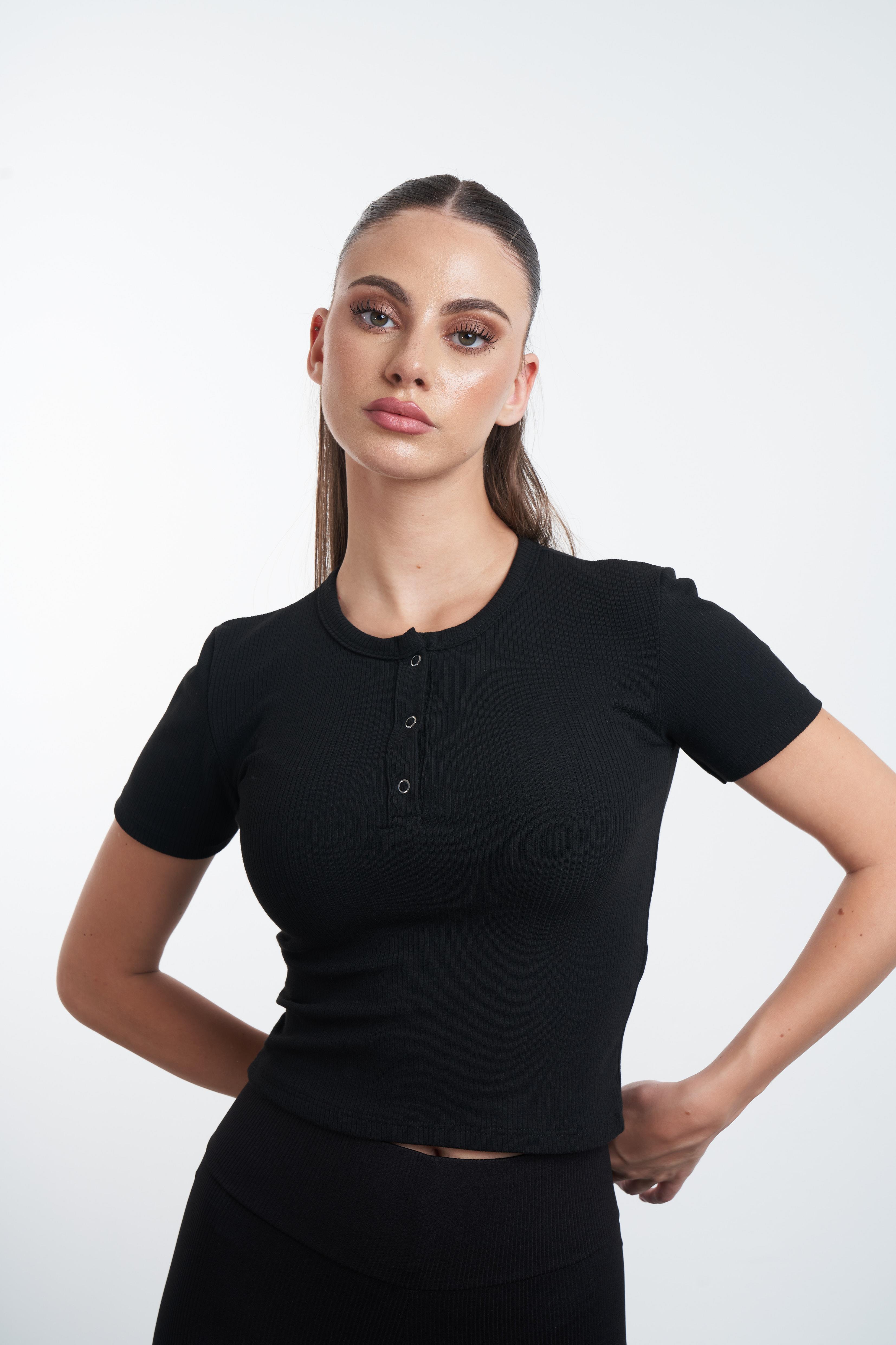 Çizgili Çıt Çıt Detaylı Kaskorse T-shirt Siyah
