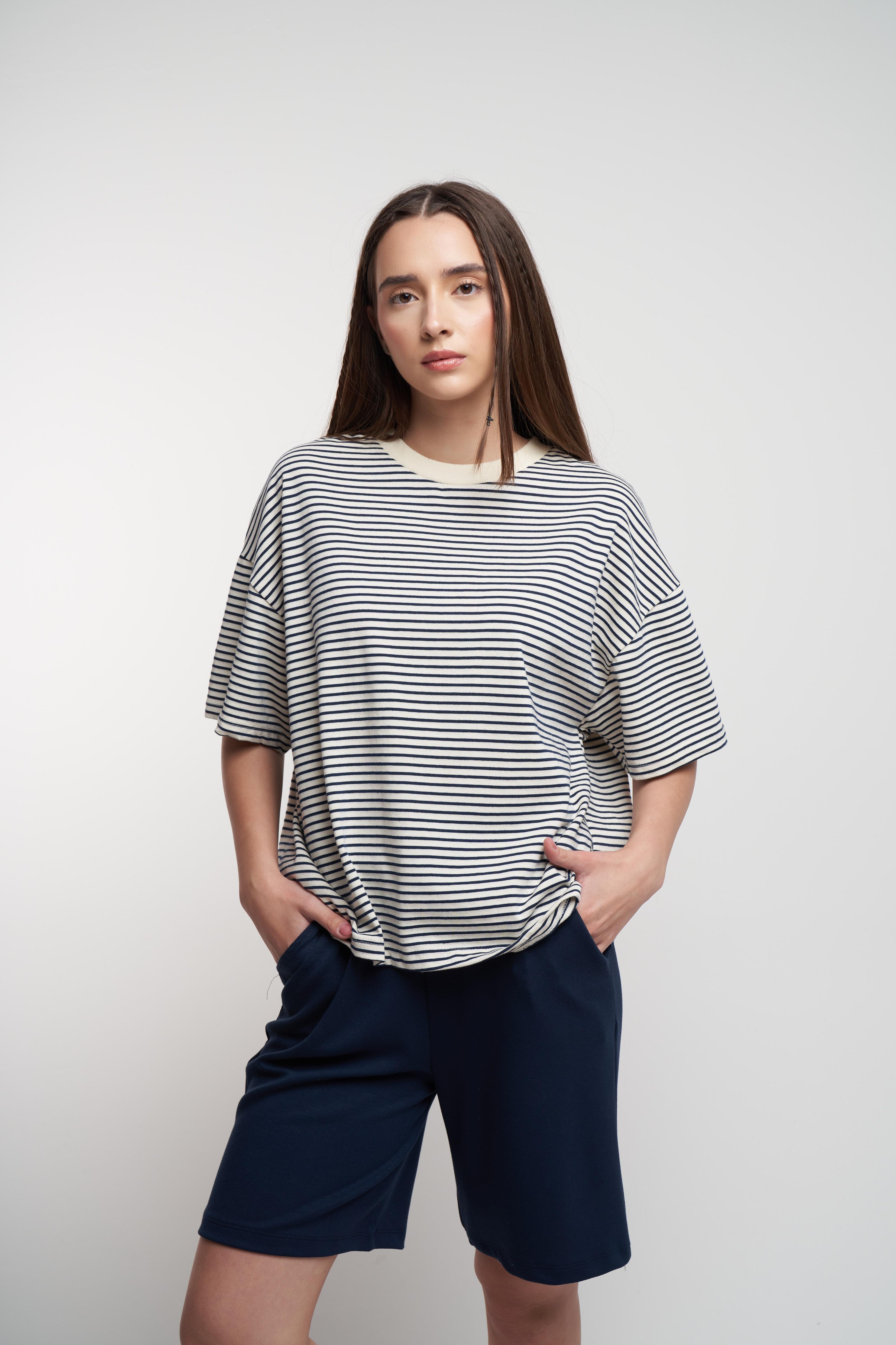 Çizgili Kısa Kol Suprem T-shirt Lacivert-Ekru