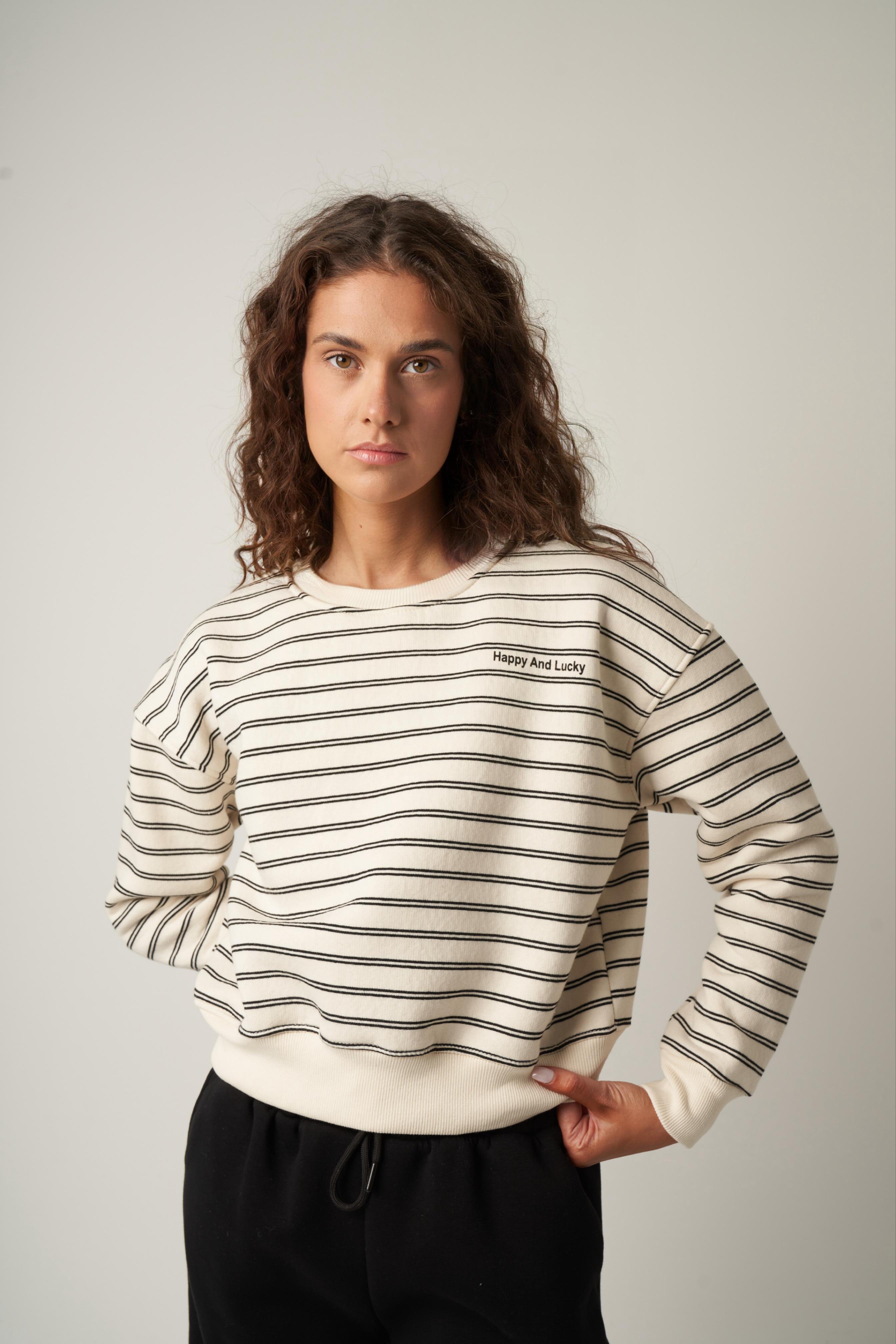 Çizgili Kısa Sweatshirt Ekru-Siyah