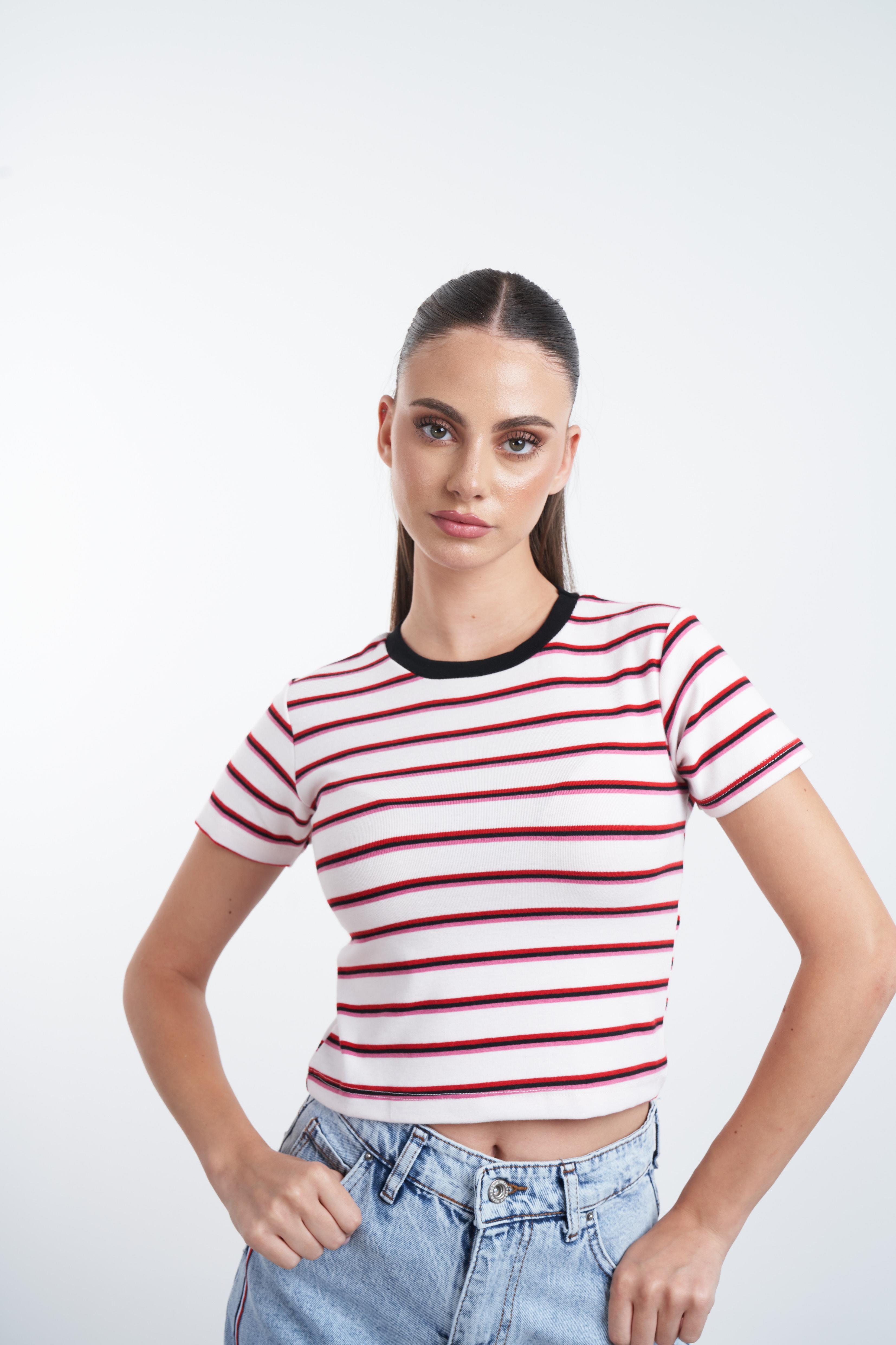 Çizgili Kısa T-shirt Beyaz-Kırmızı