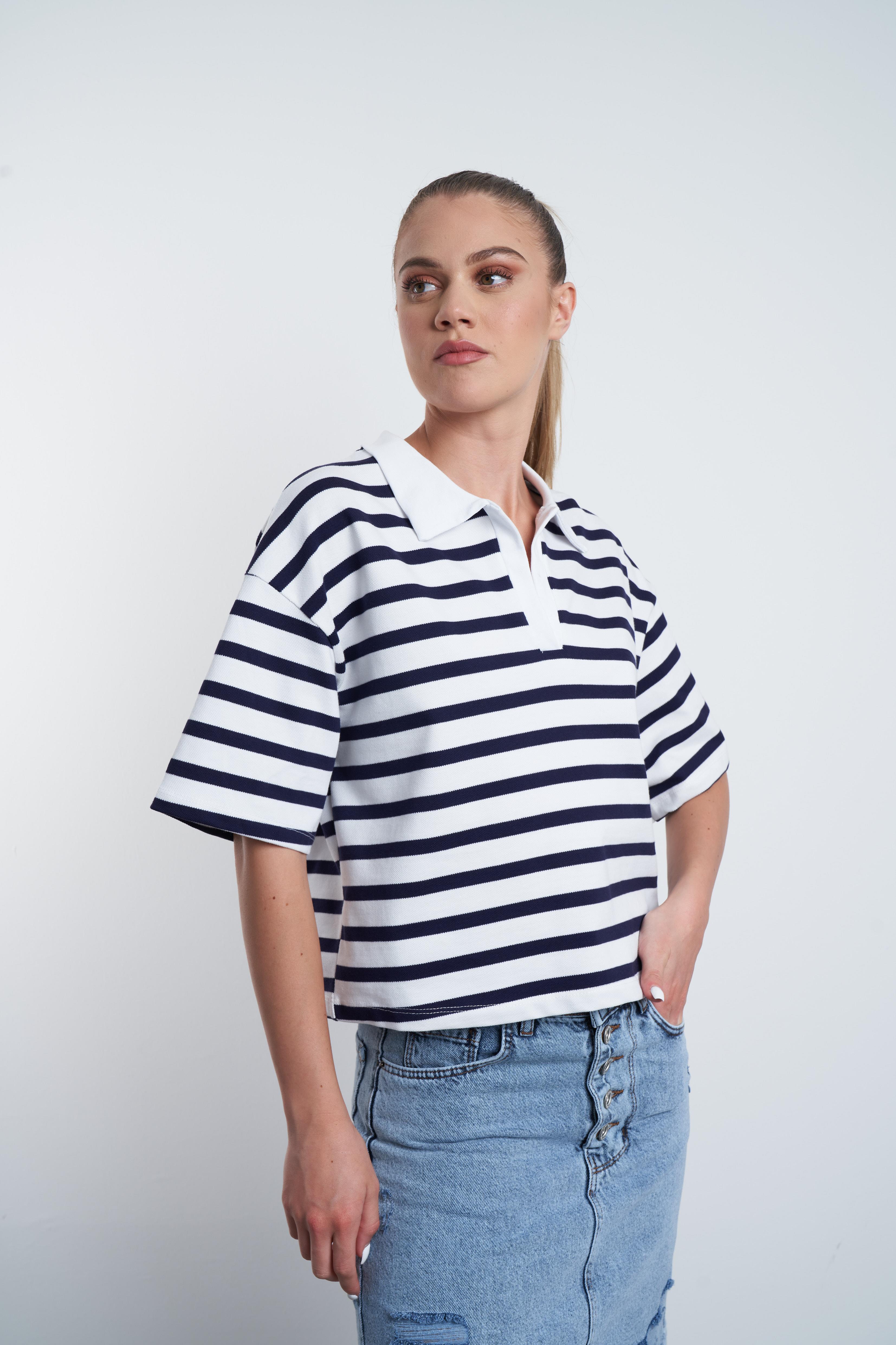 Çizgili Kısa T-shirt Ekru-Lacivert