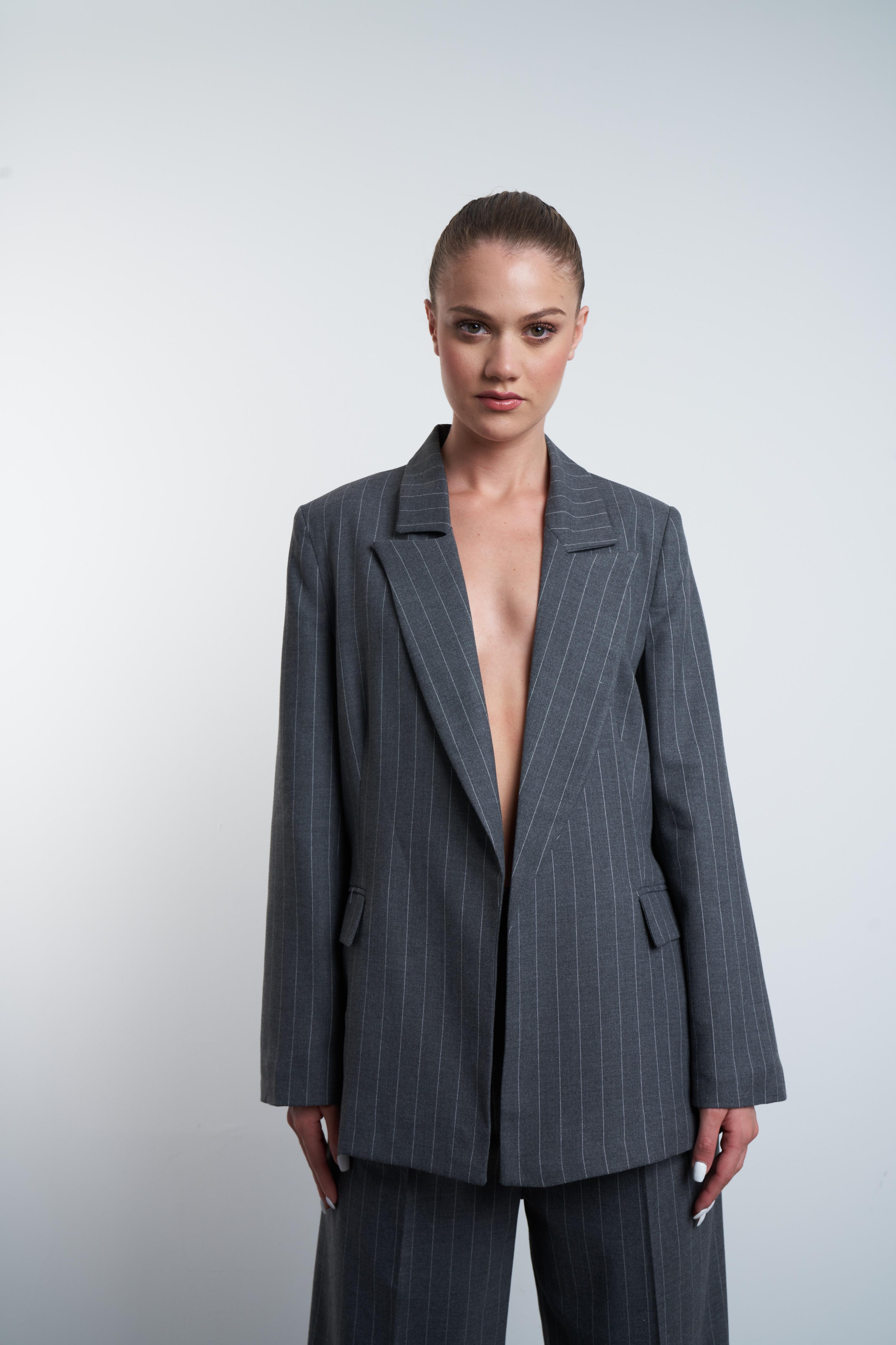 Çizgili Oversize Blazer Ceket Antrasit