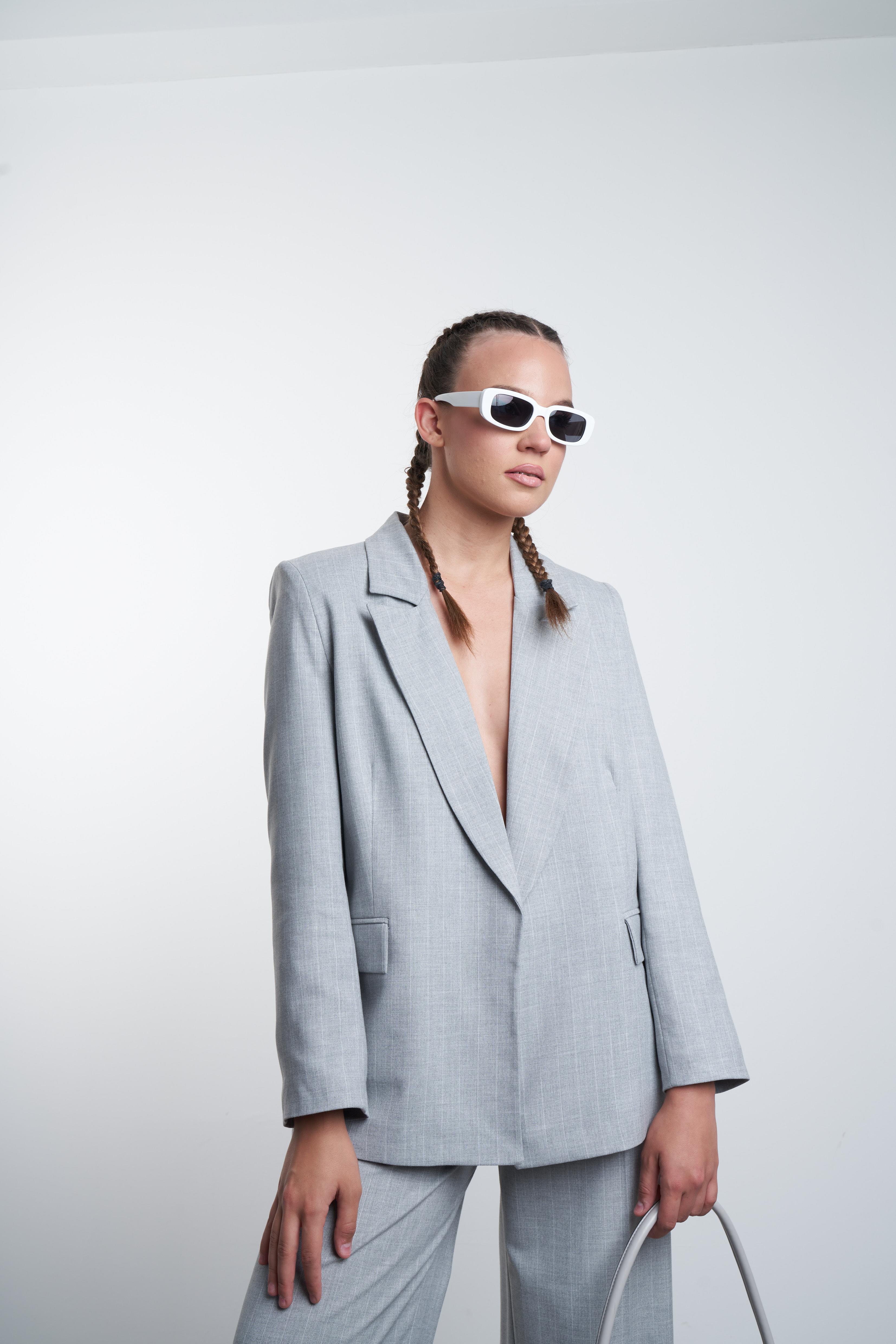 Çizgili Oversize Blazer Ceket Gri