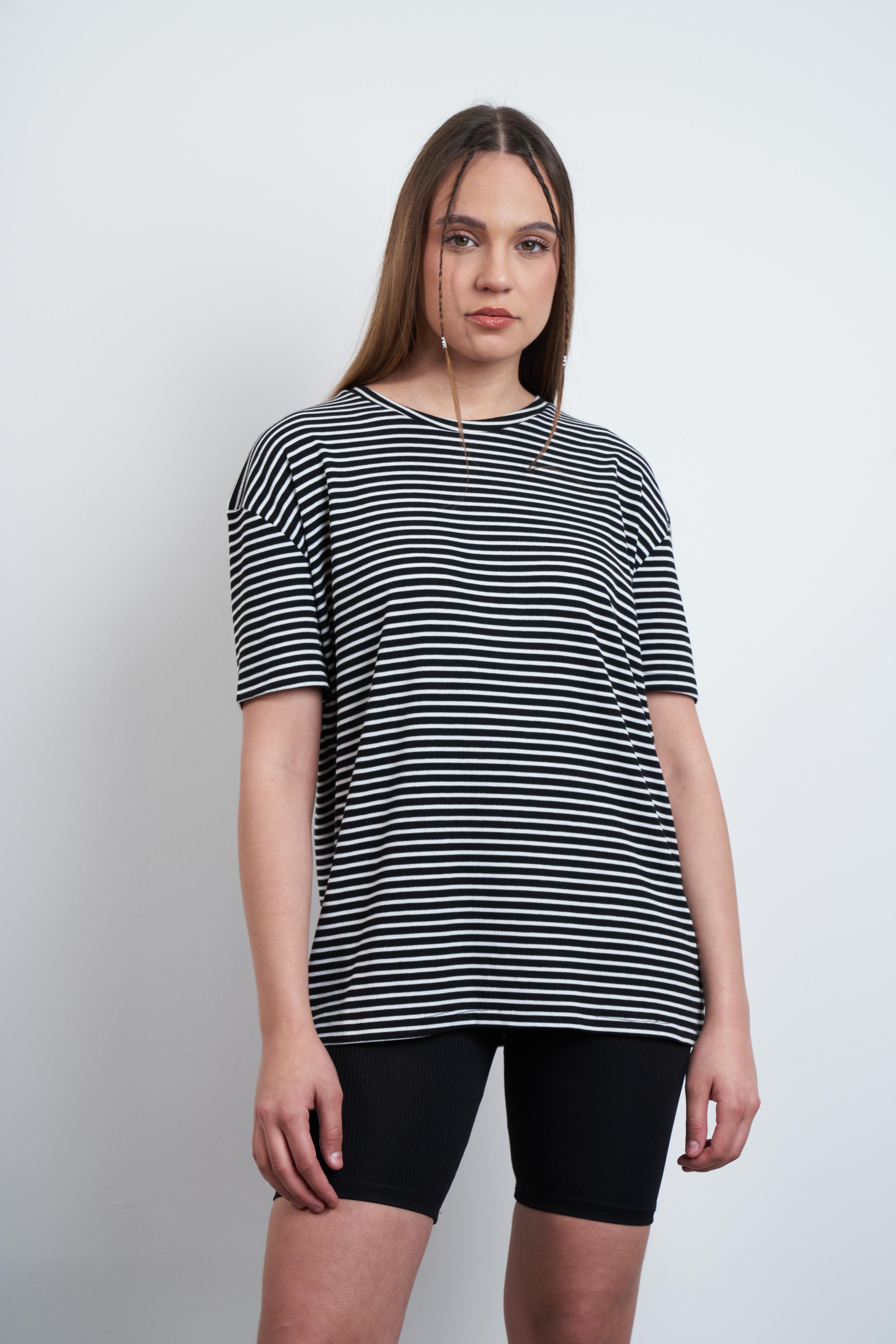 Çizgili Salaş T-shirt Siyah