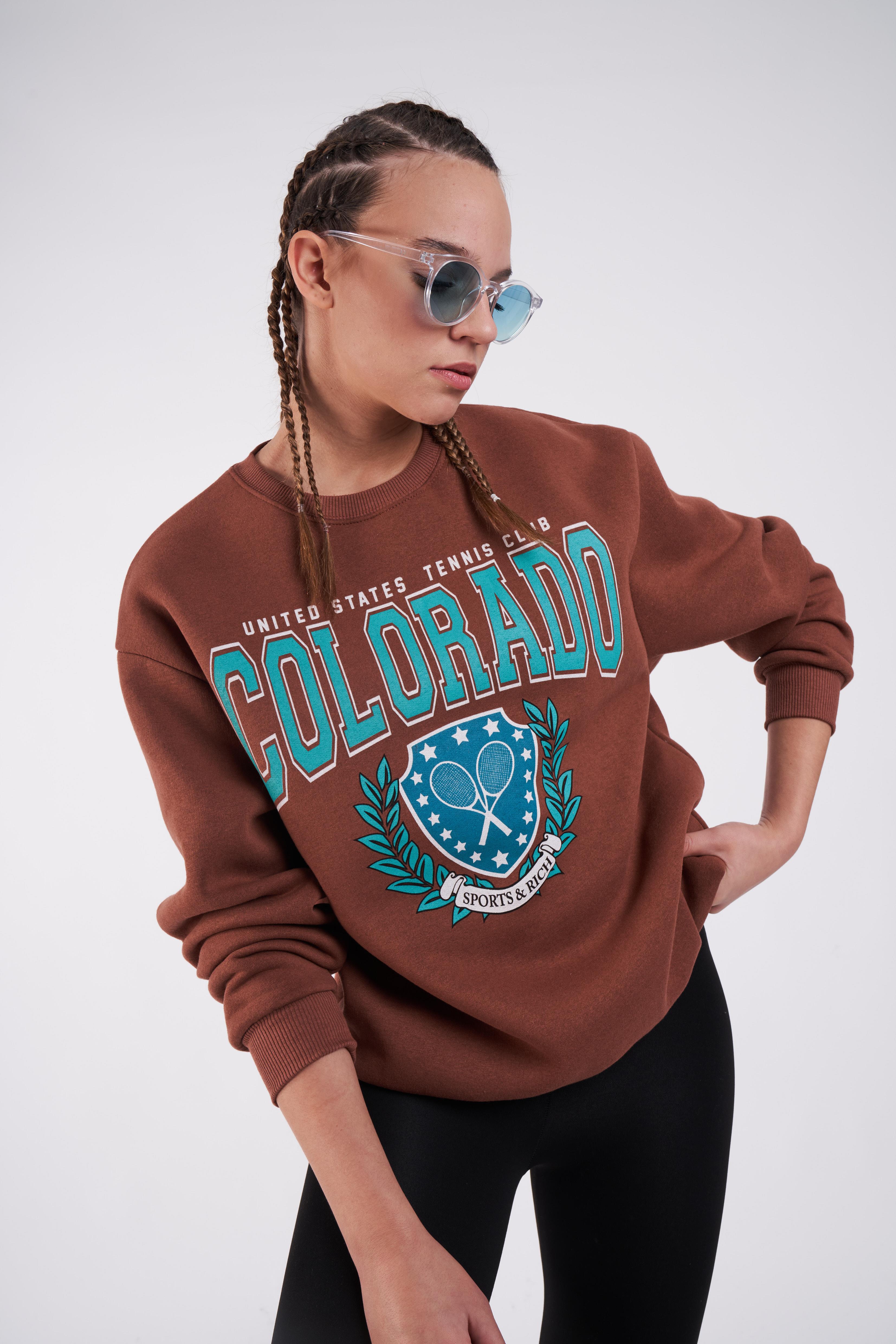 Colorado Baskılı Oversize Sweatshirt Kahve