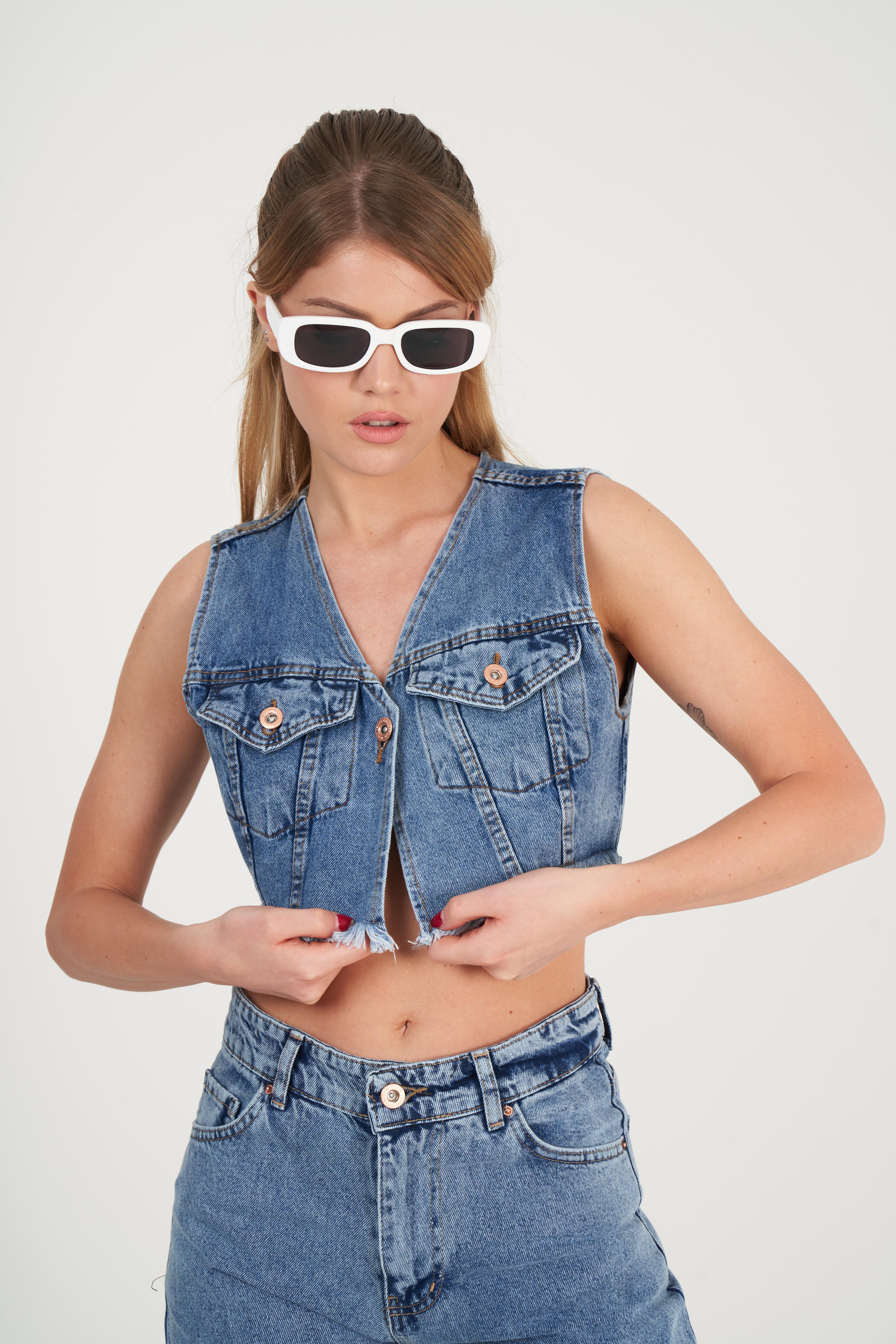 Denim Crop Yelek Mavi