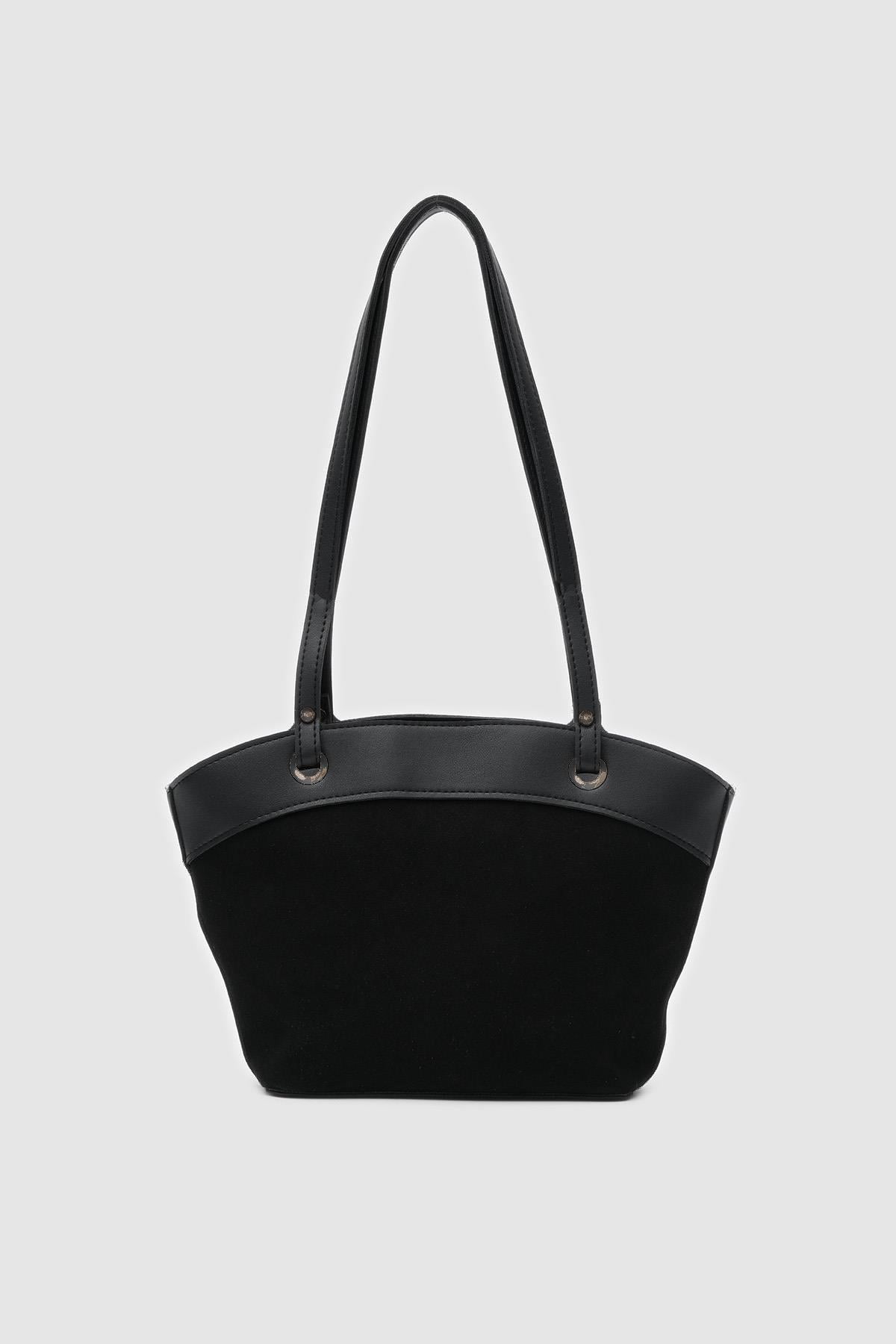 Deri Detaylı Süet Omuz Çantası Siyah