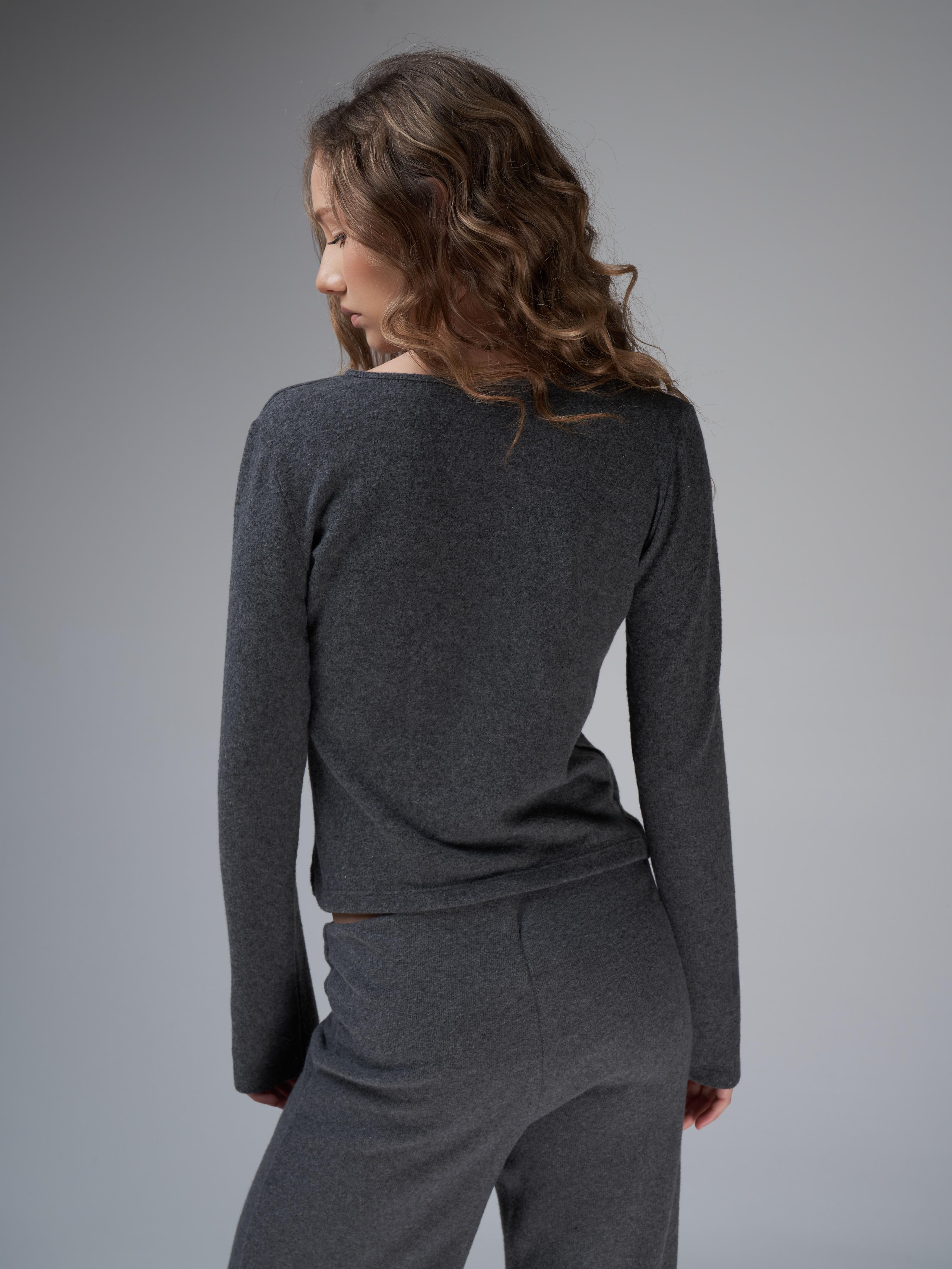 Düğme Detaylı Triko Uzun Kol Bluz Antrasit Melanj