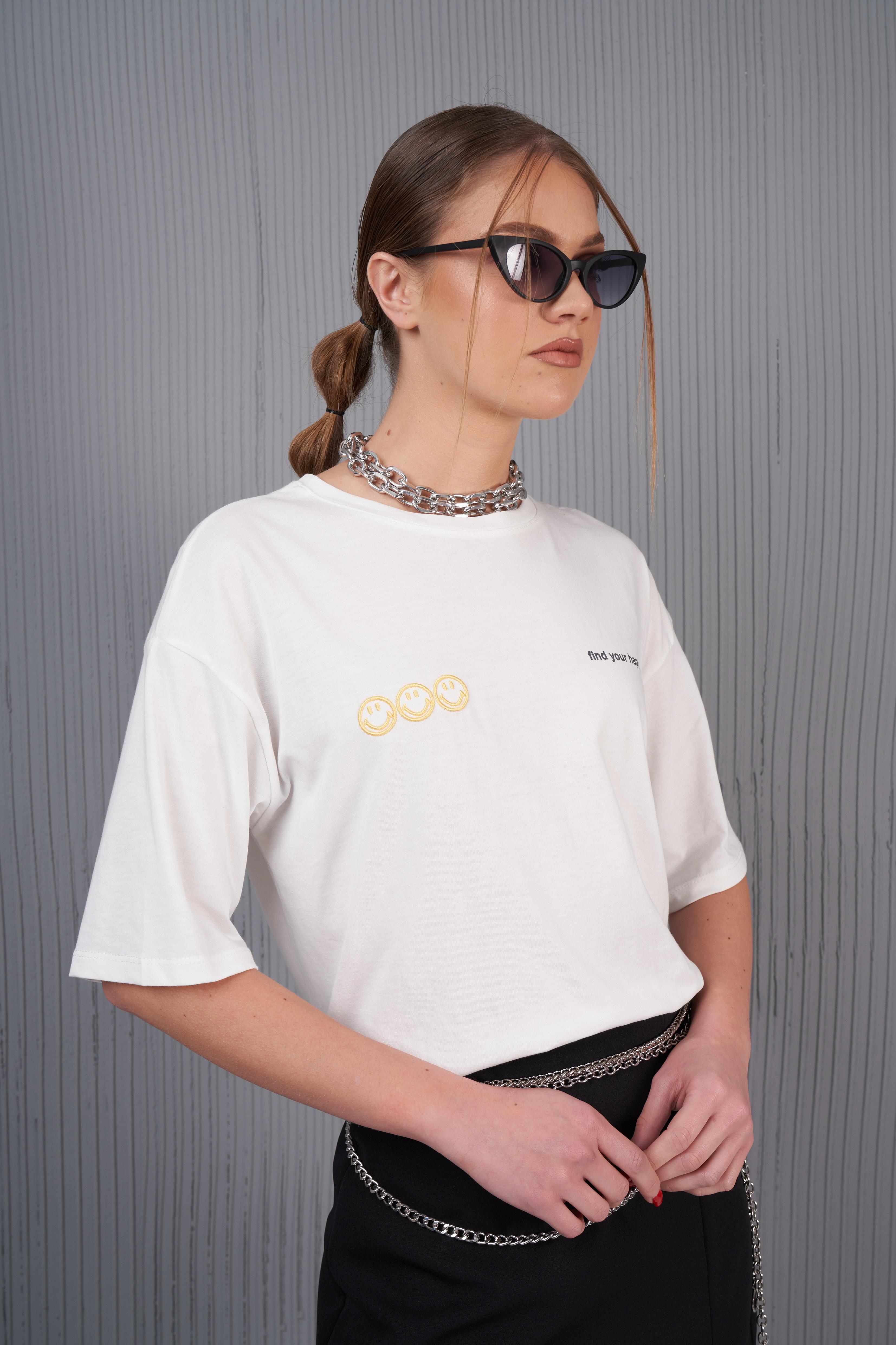 Emoji Nakış Baskılı T-shirt Ekru