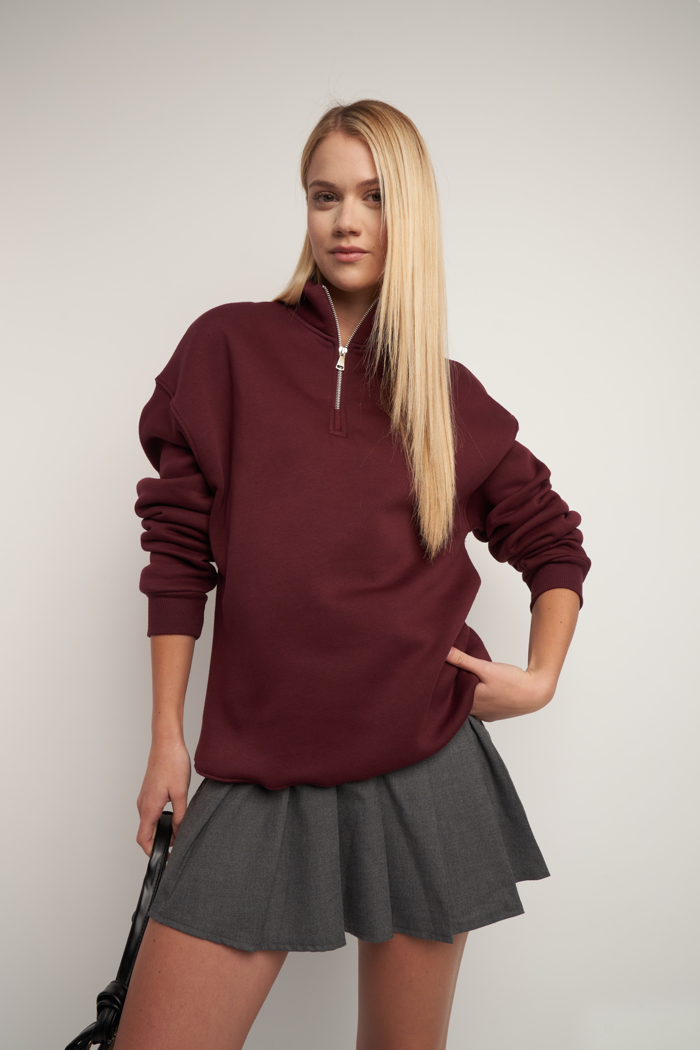 Fermuar Detaylı Basic Sweatshirt Bordo