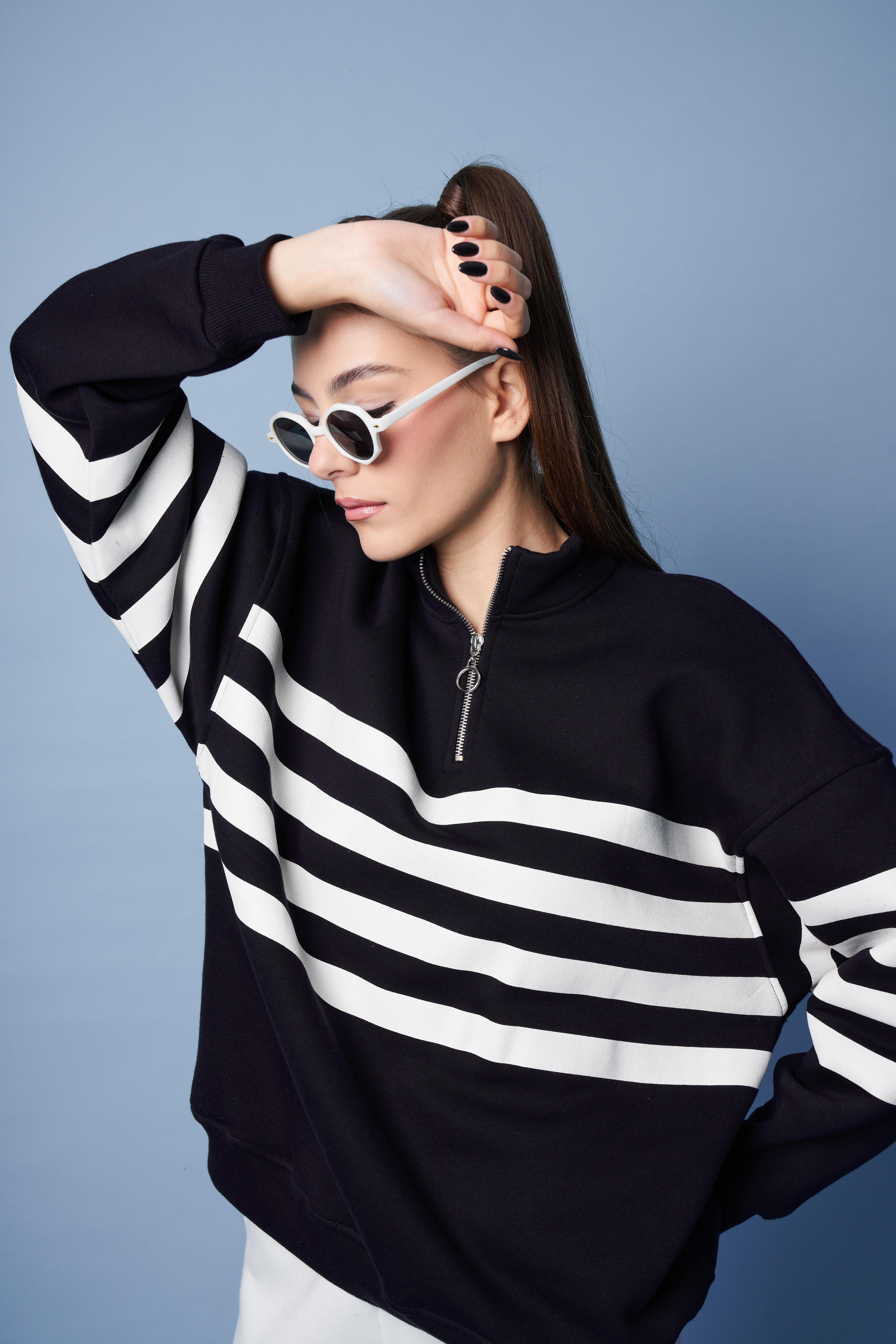 Fermuar Detaylı Çizgili Sweatshirt Lacivert