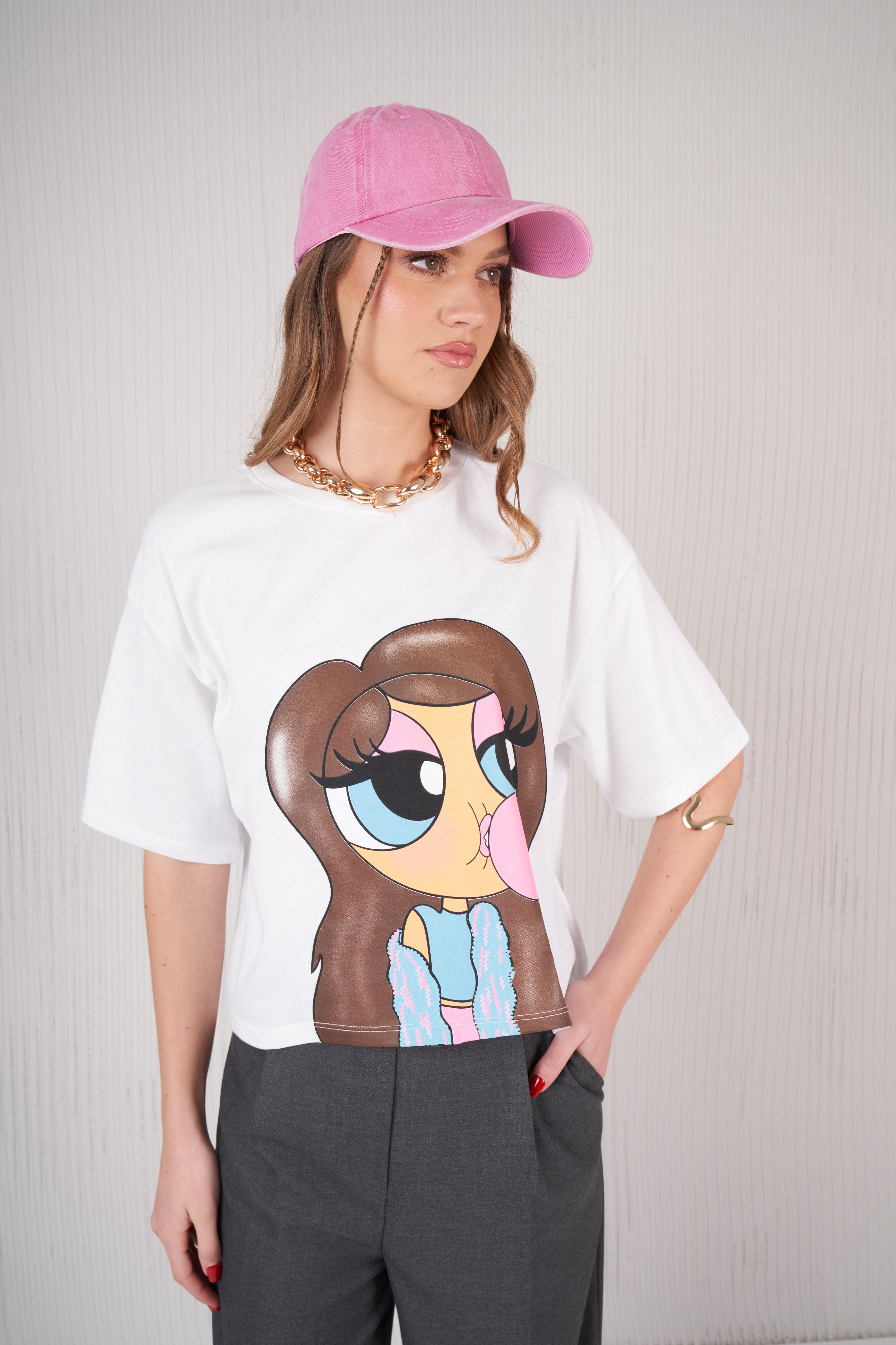 Figür Baskılı Kısa T-shirt Beyaz