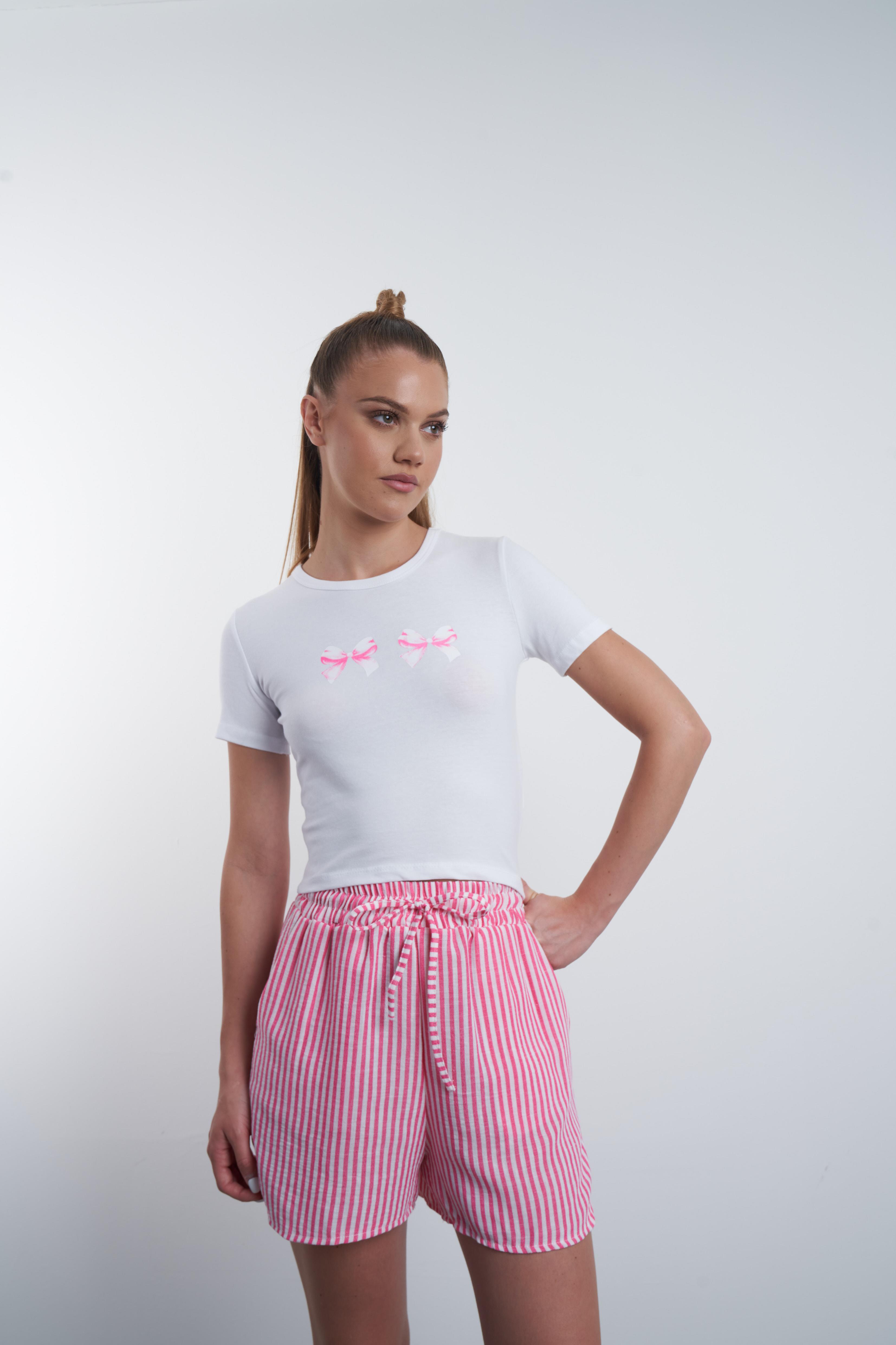 Fiyonk Baskılı Kısa T-shirt Beyaz