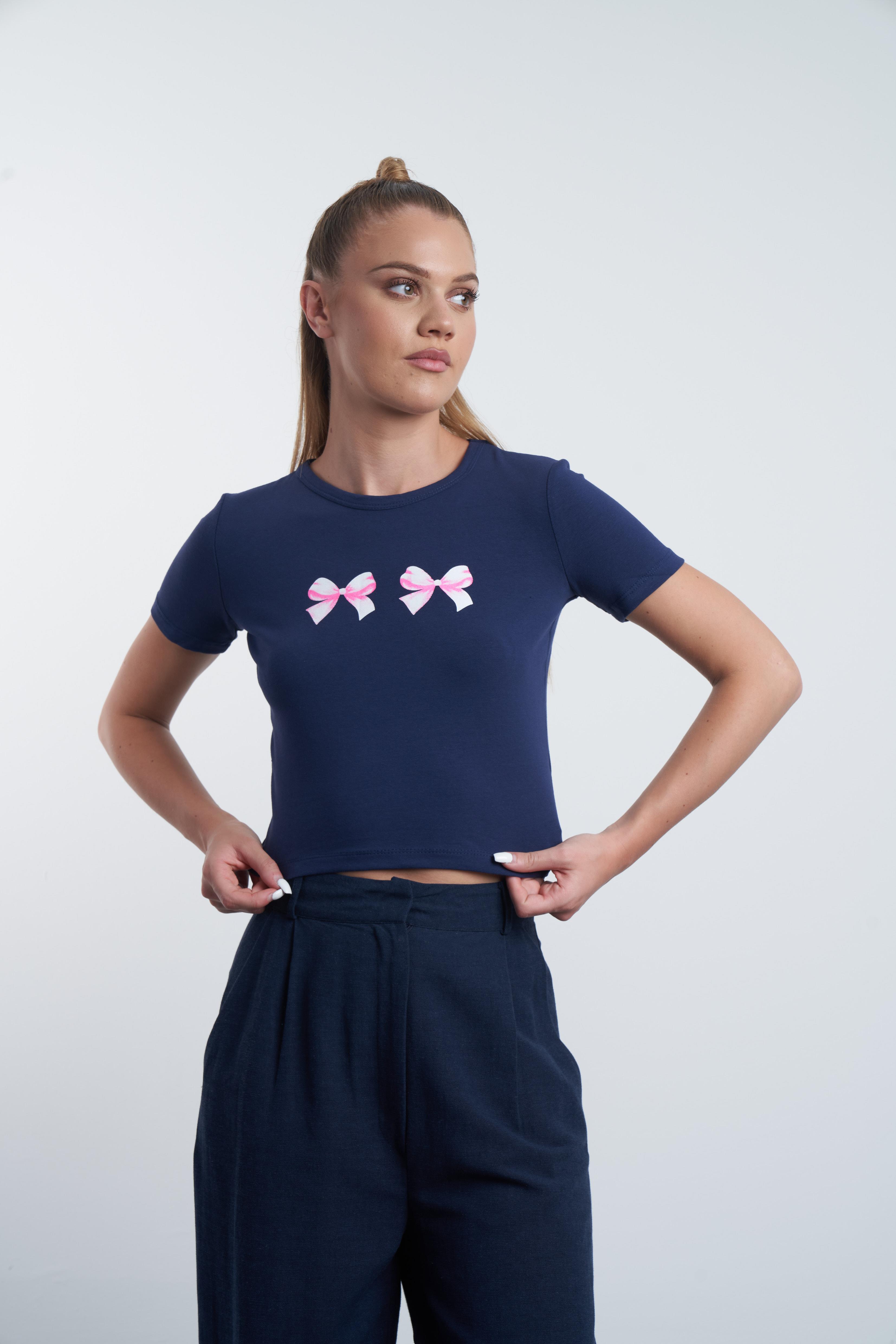 Fiyonk Baskılı Kısa T-shirt Lacivert