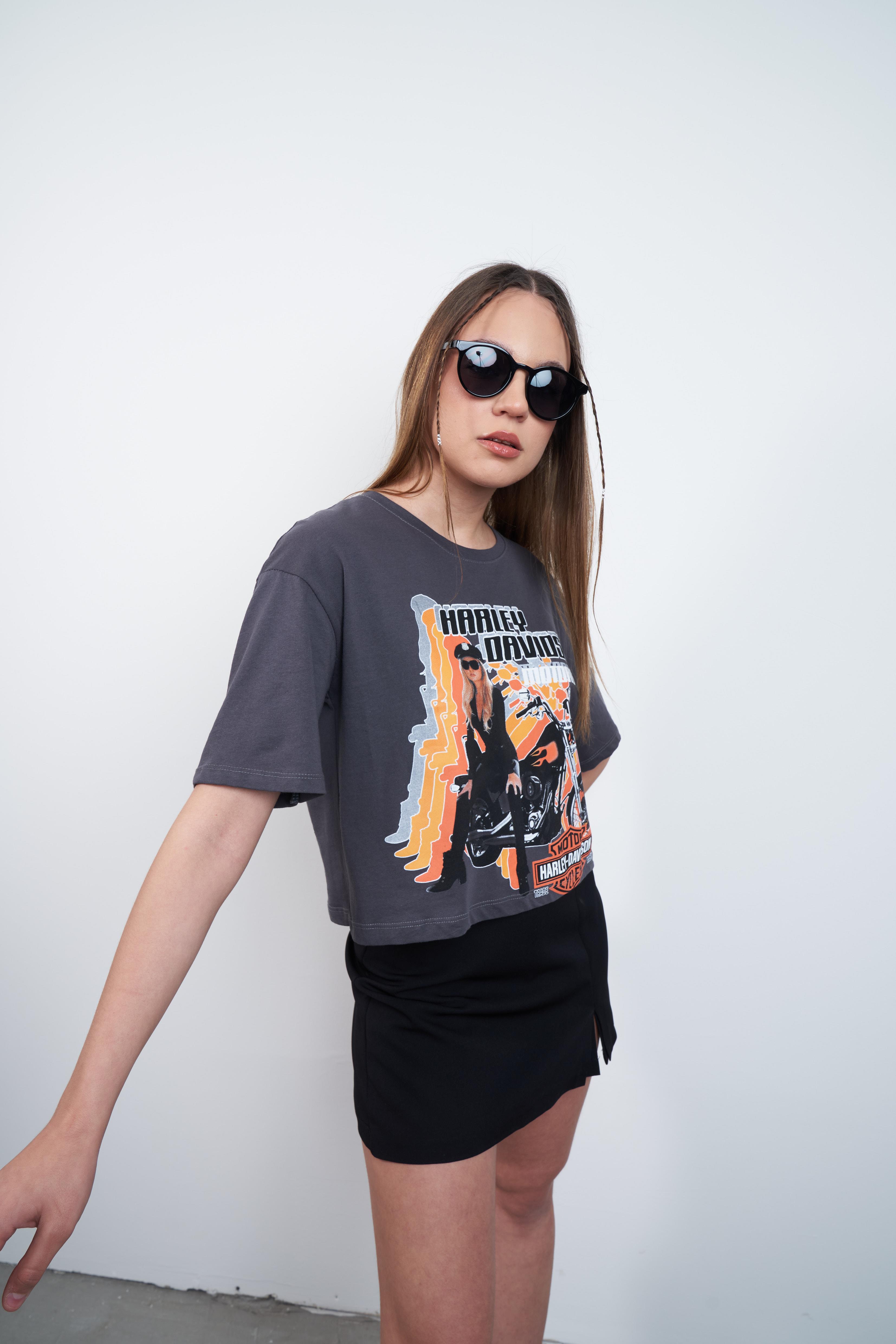 Harley Davidson Baskılı Kısa T-shirt Antrasit