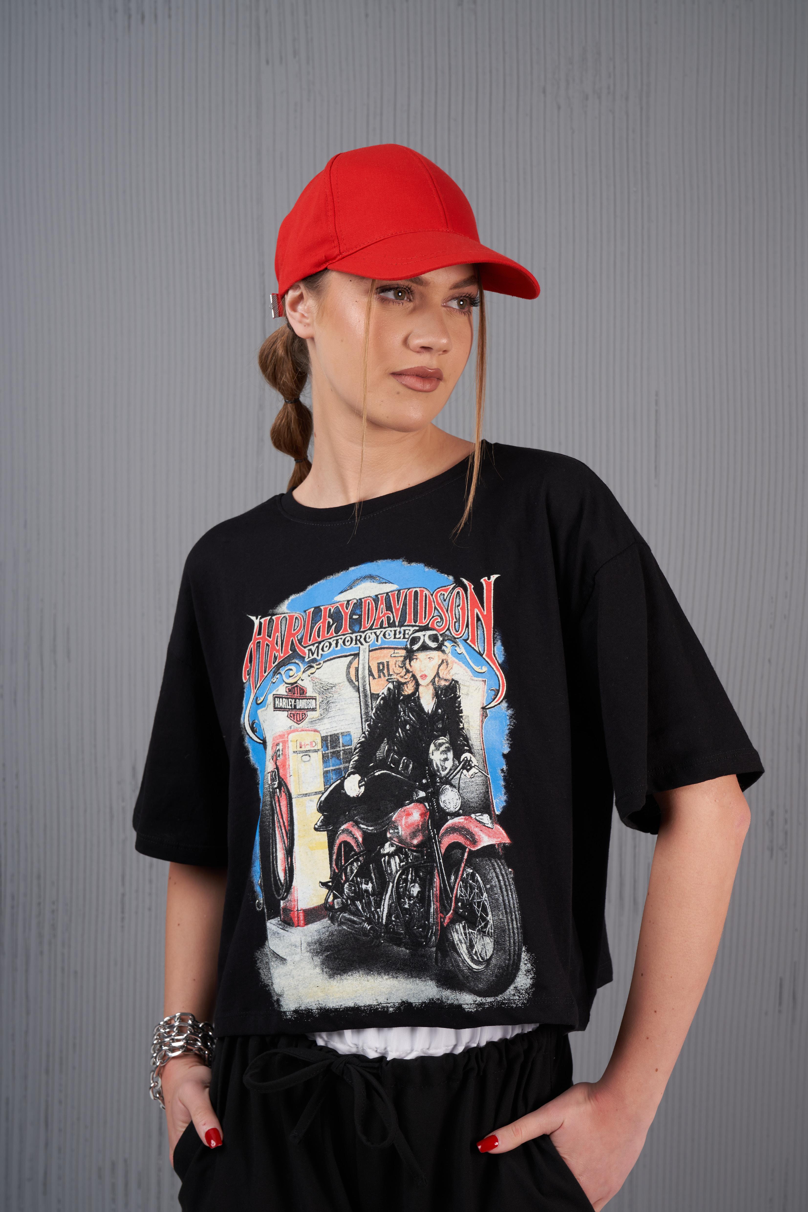 Harley Davidson Baskılı Kısa T-shirt Siyah