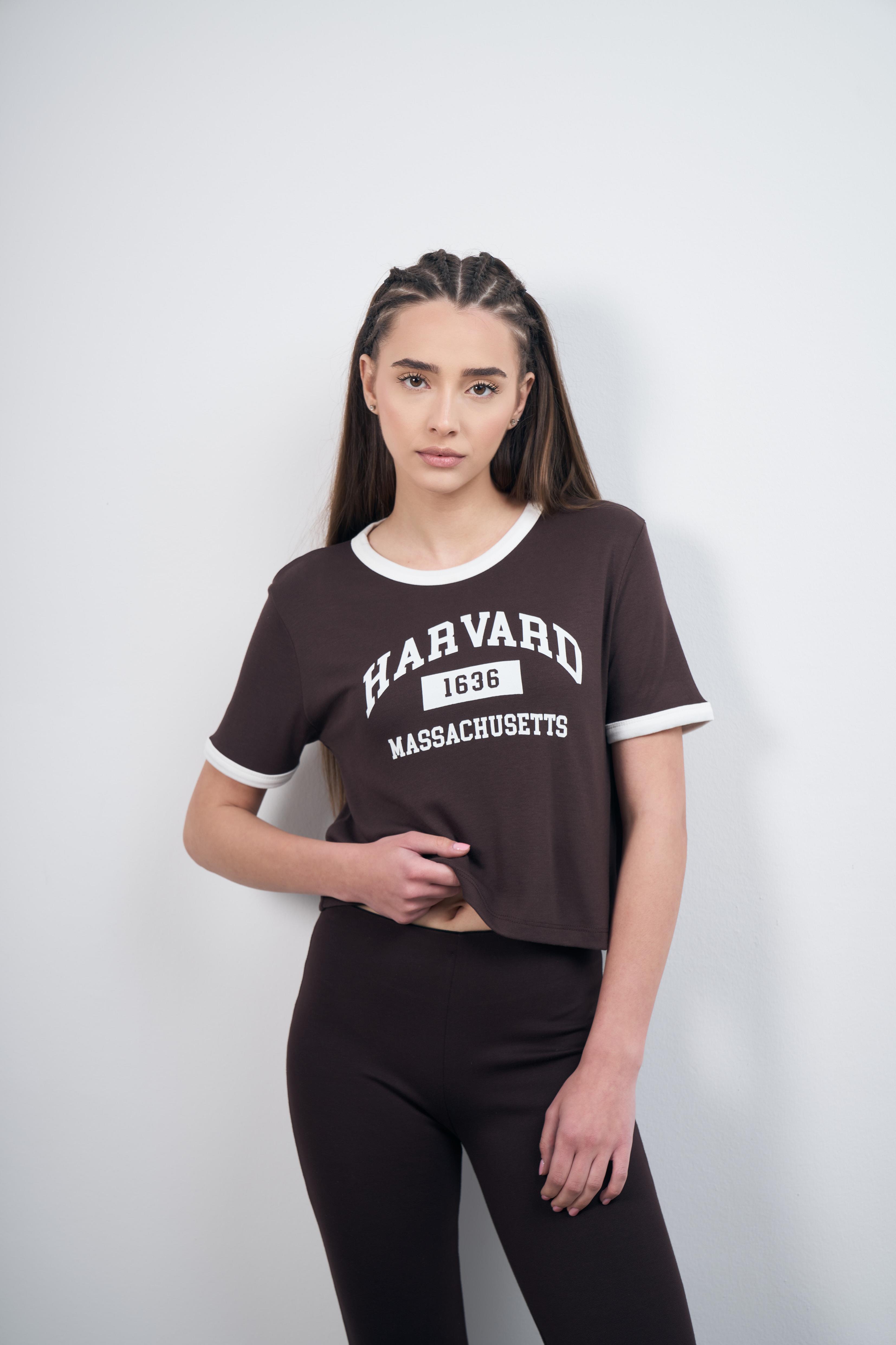 Harvard Baskılı Ribana Bluz Kahve-Ekru