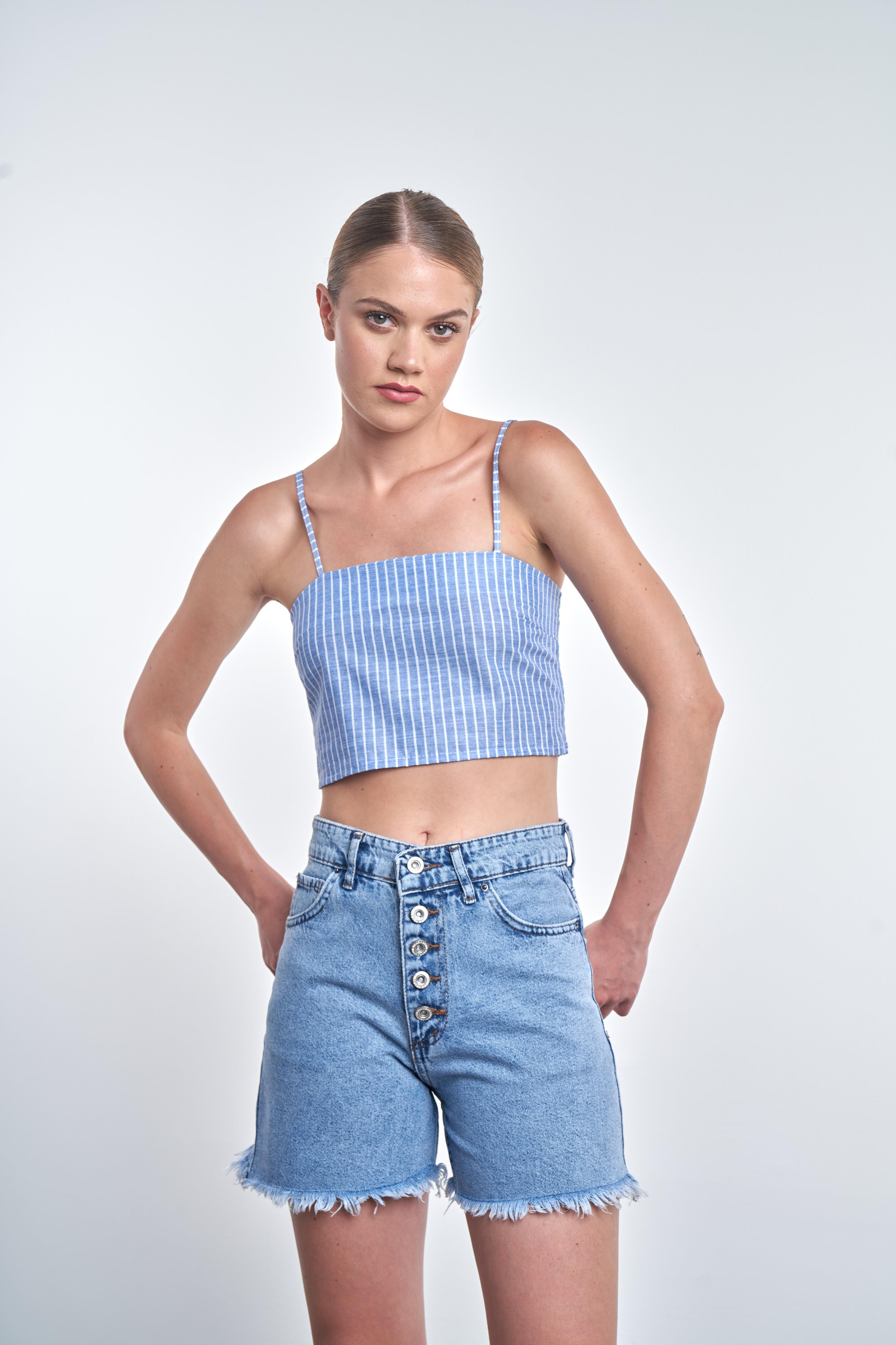 İp Askılı Çizgili Crop Mavi