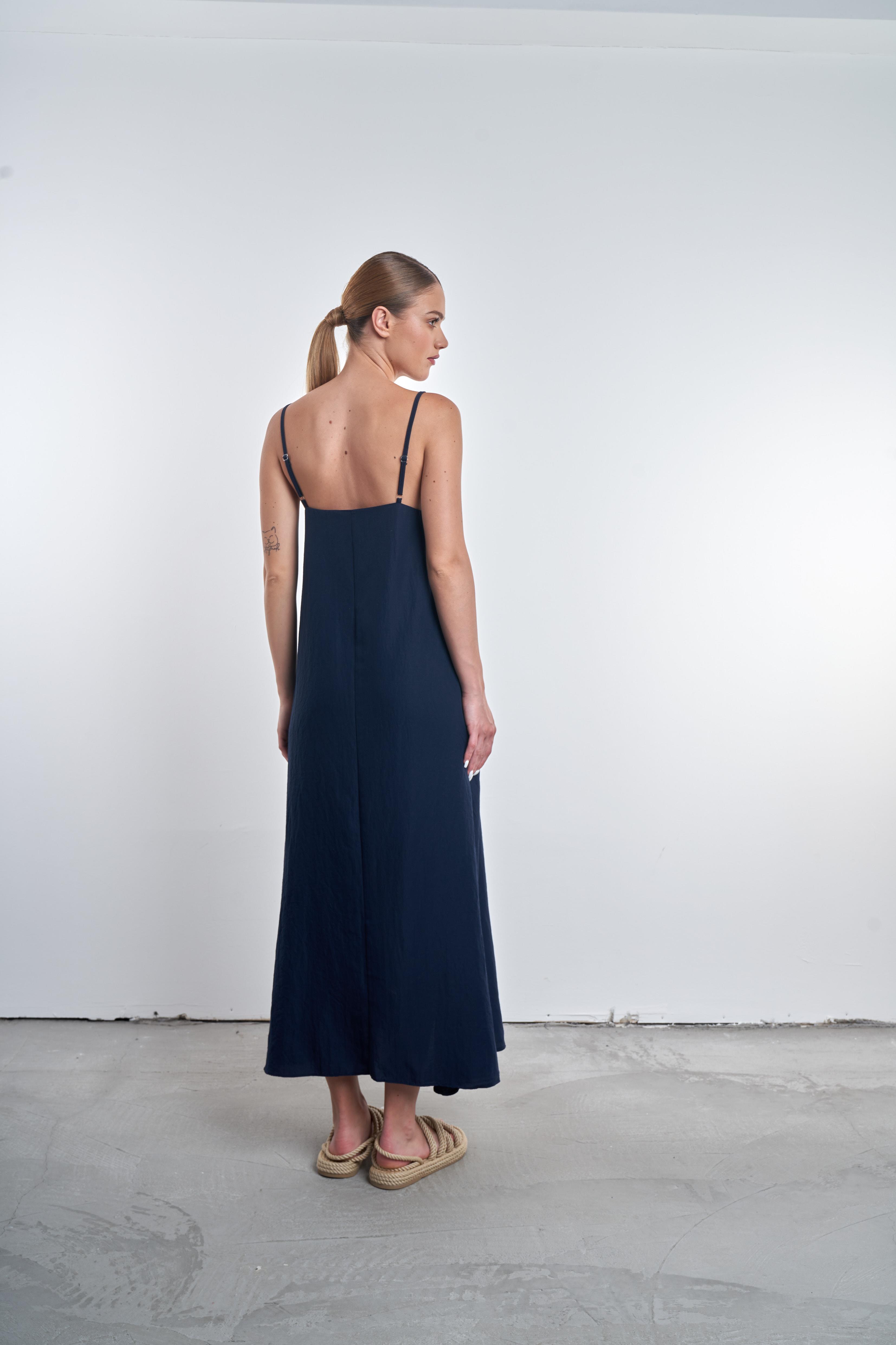 İp Askılı Salaş Uzun Elbise Lacivert