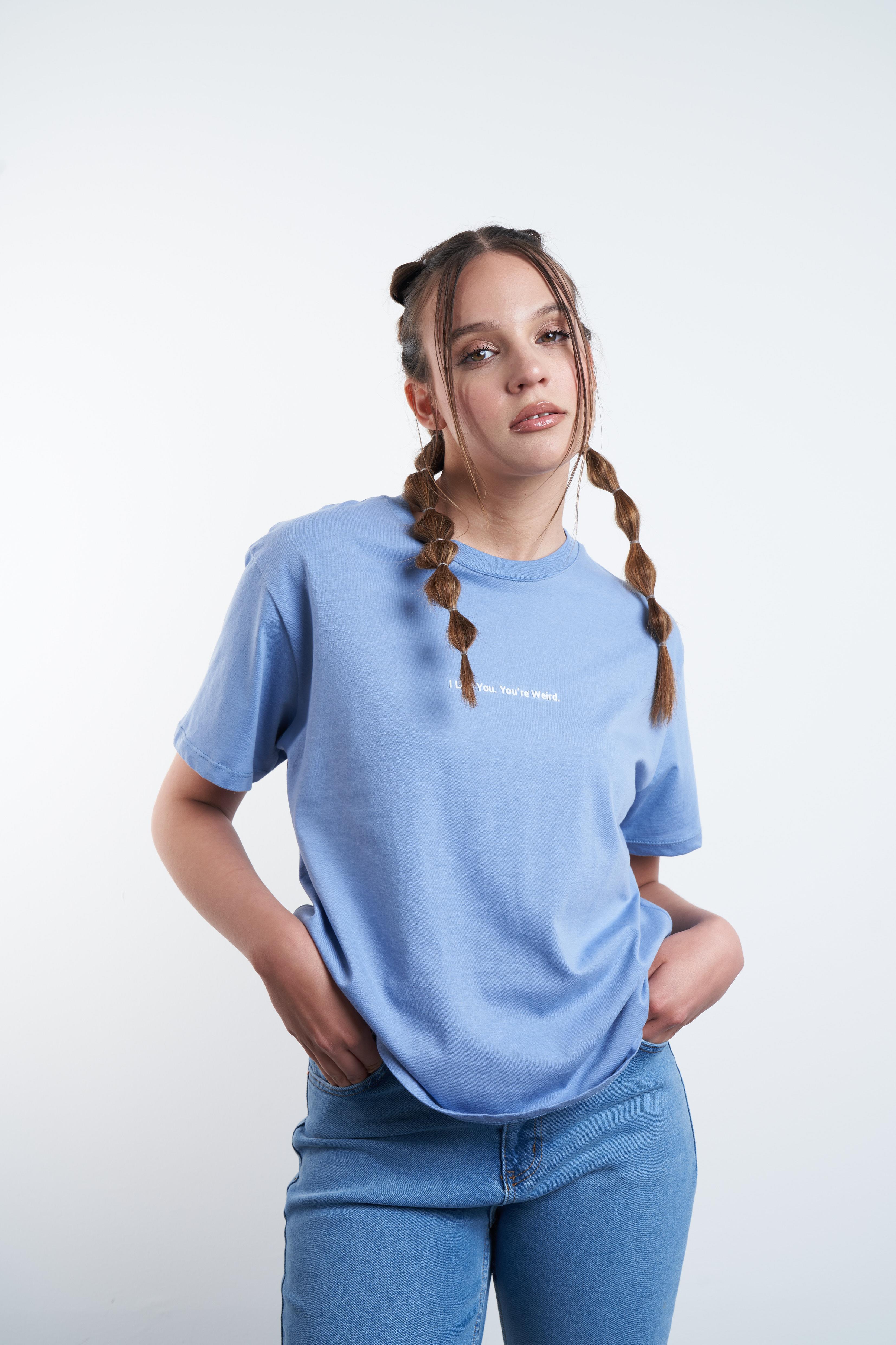 Kabartma Yazı Baskılı T-shirt Açık Mavi