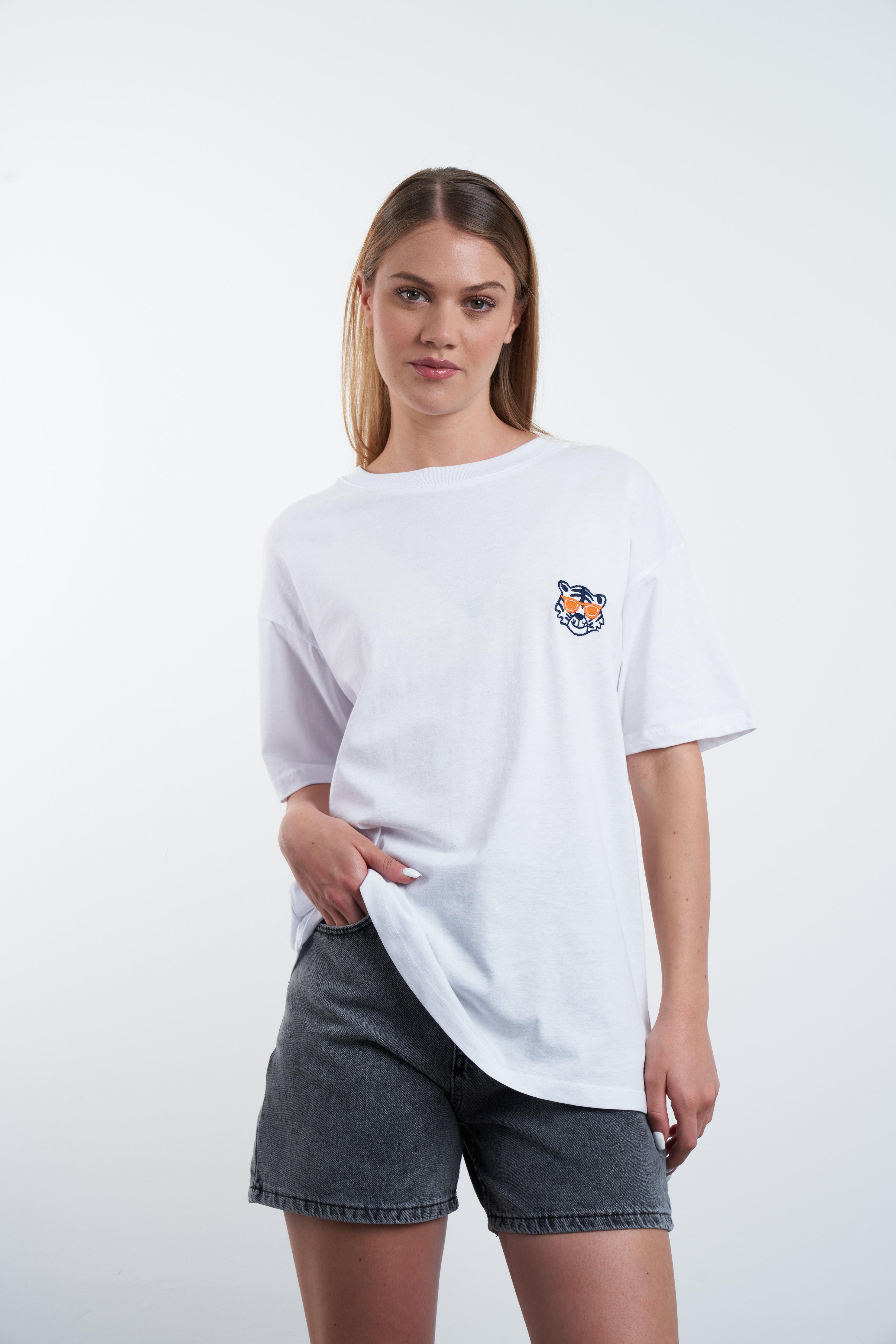 Kaplan Nakış Baskılı T-shirt Beyaz