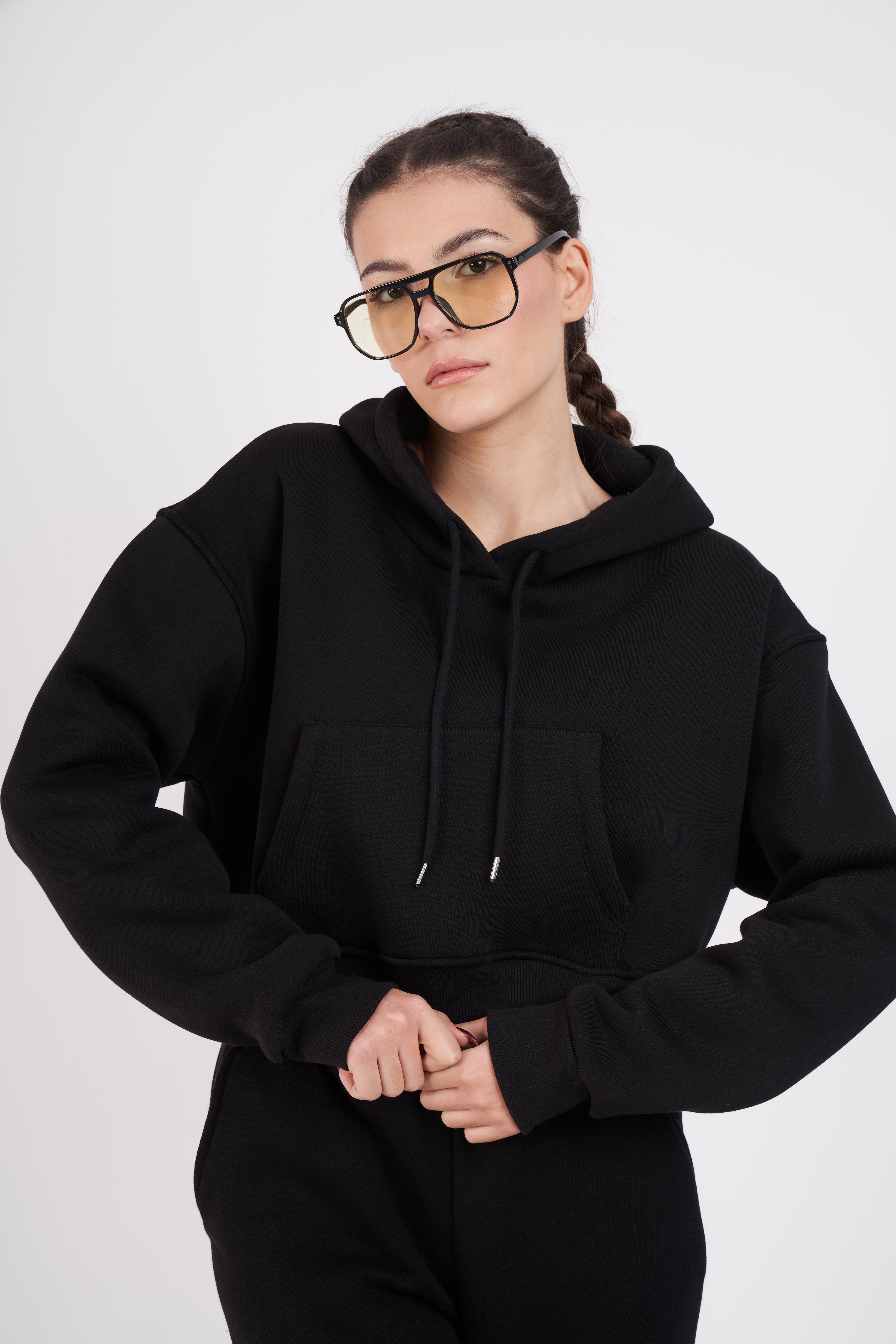 Kapüşonlu Basic Kısa Sweatshirt Siyah