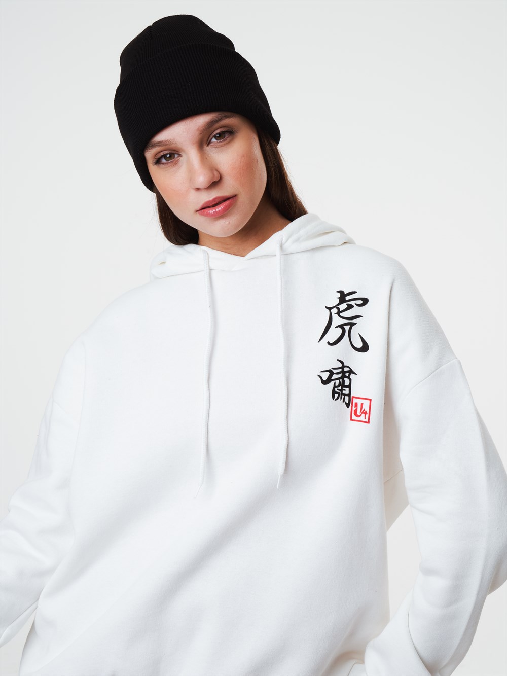 Kapüşonlu Çince Yazı ve Kaplan Baskılı Şardonlu Sweatshirt - Ambar Giyim