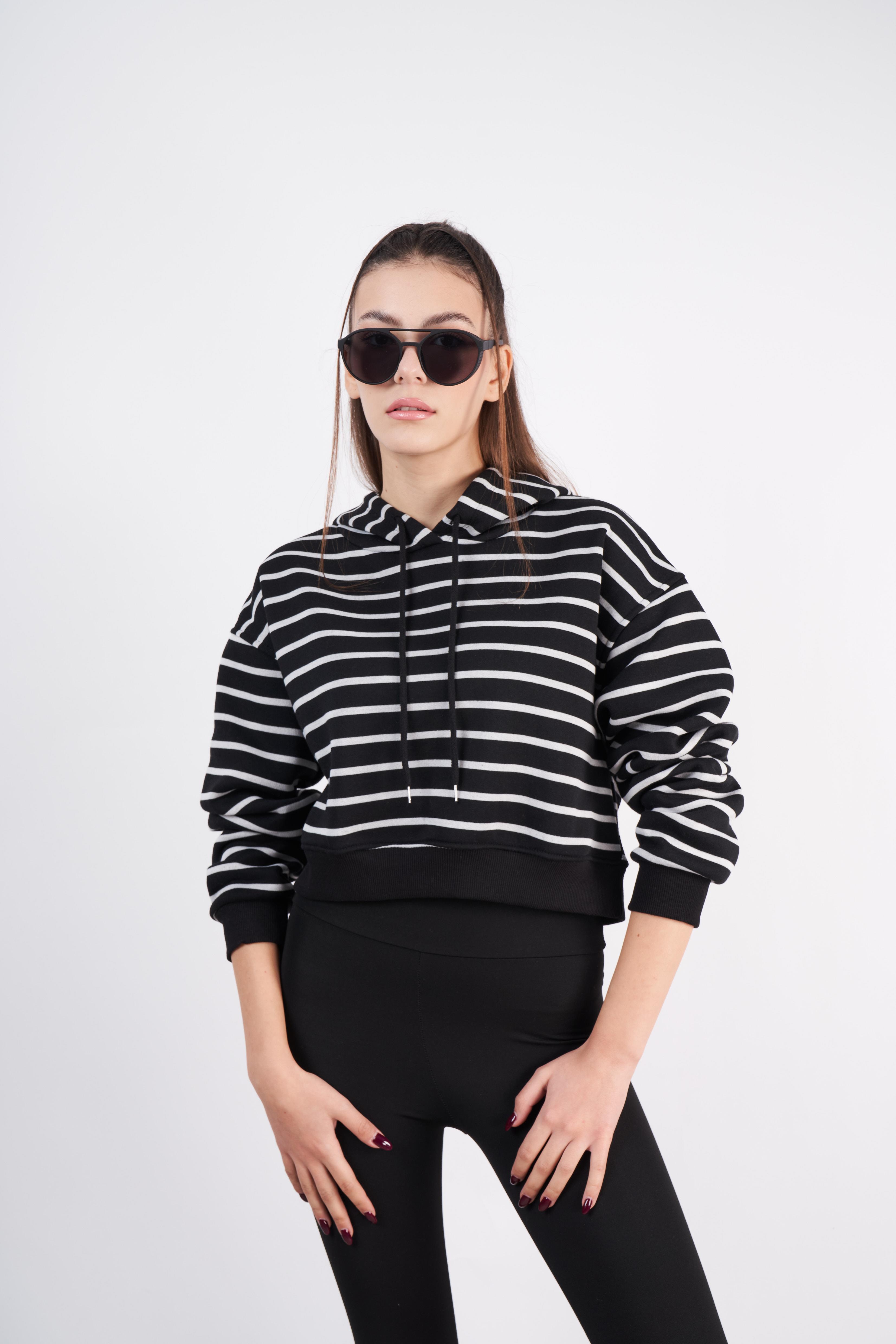 Kapüşonlu Çizgili Sweatshirt Siyah-Gri