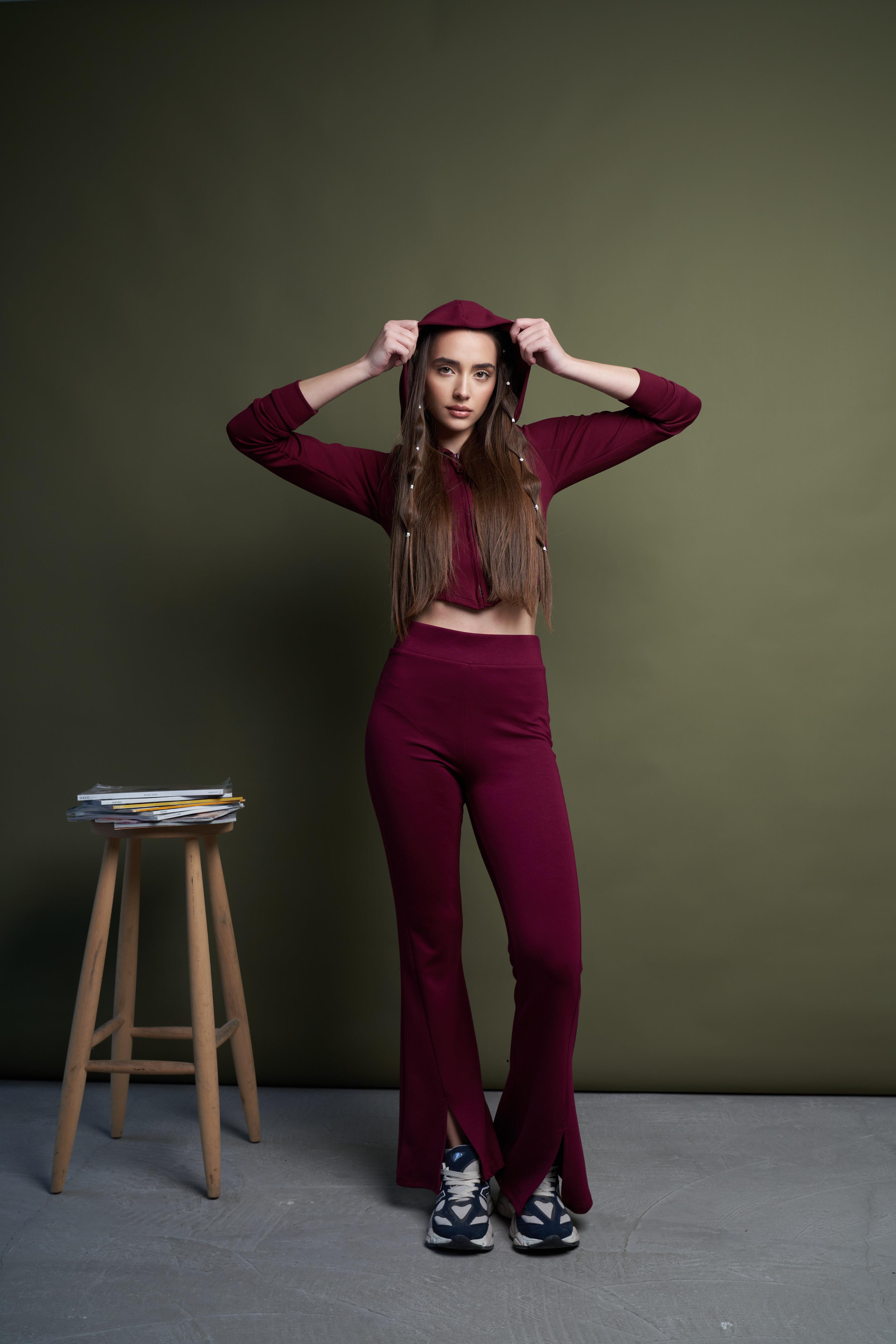 Kapüşonlu Crop Ceket Bordo