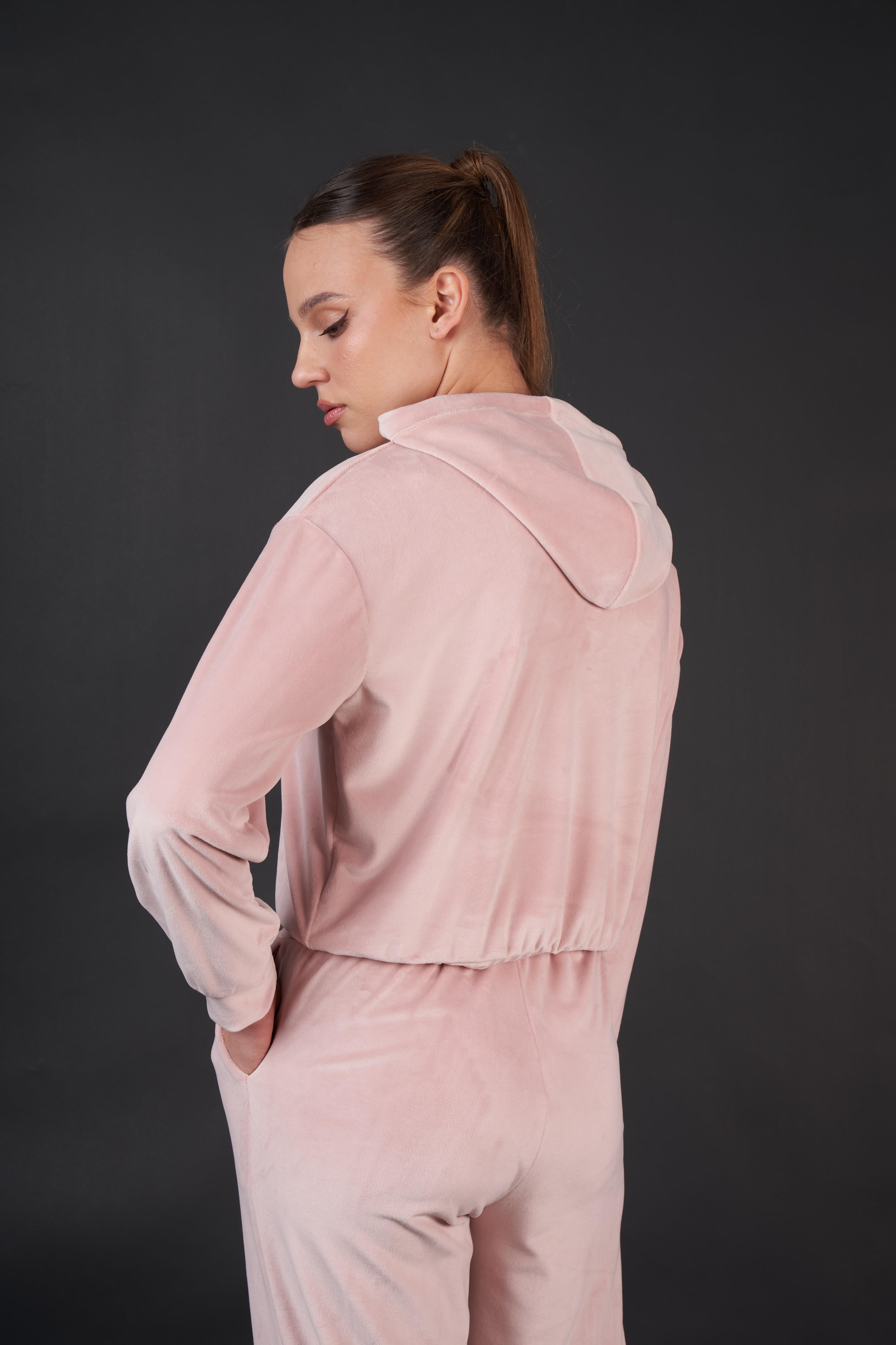 Kapüşonlu Kadife Kısa Sweatshirt Pudra