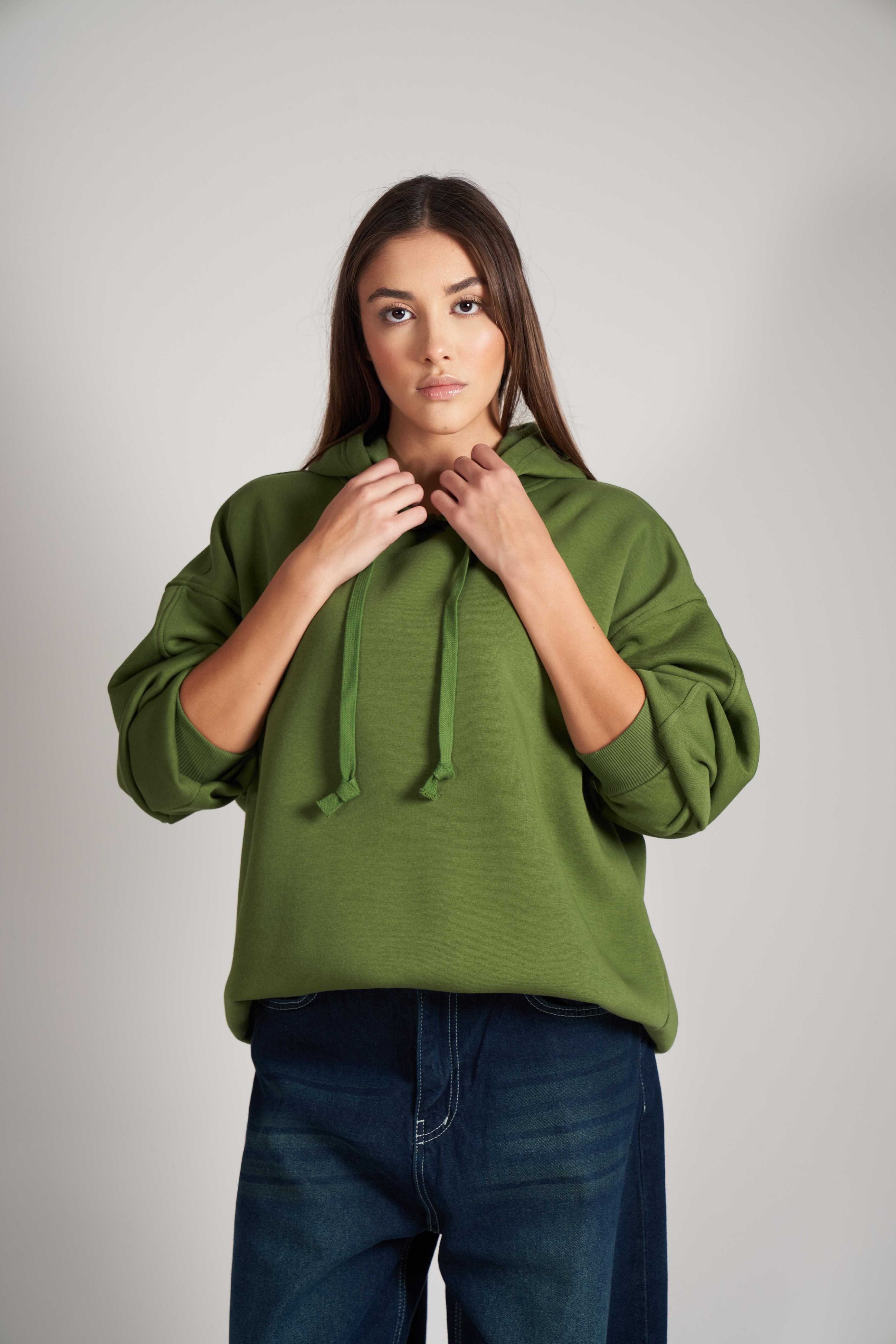 Kapüşonlu Kısa Şardonlu Sweatshirt Yağ Yeşili