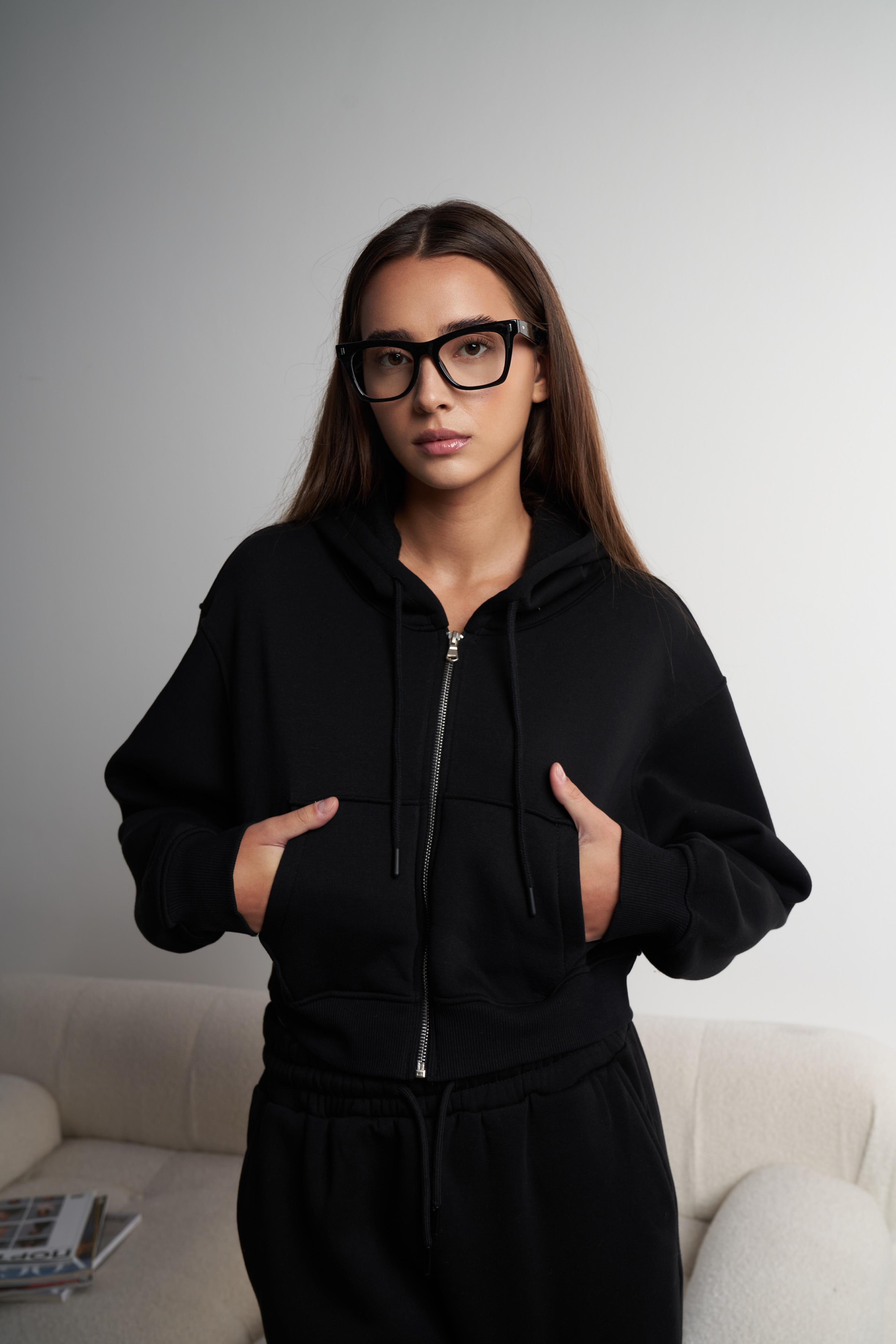 Kapüşonlu Kısa Sweatshirt Ceket Siyah